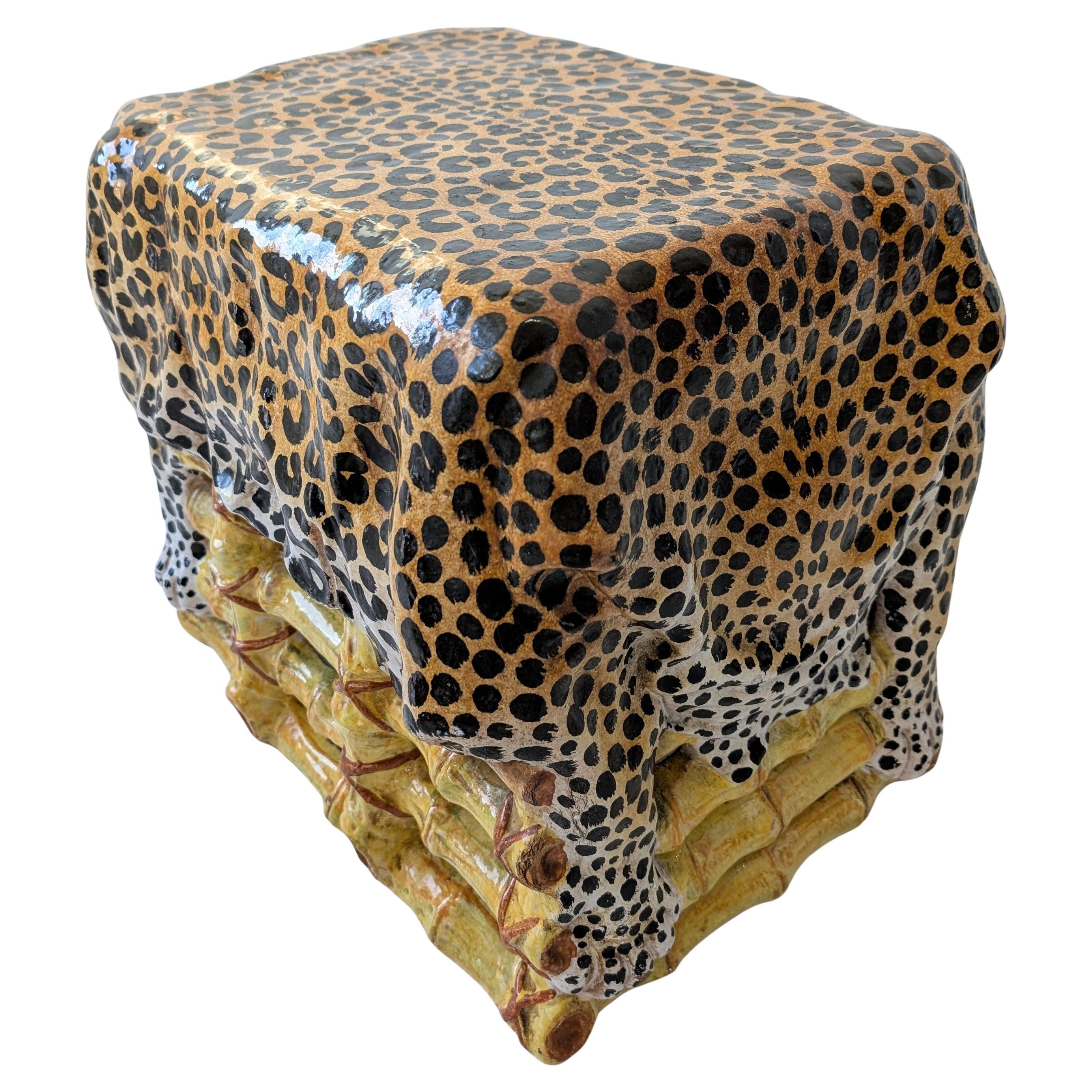 Vintage glazed terracotta side table/stool in bamboo and leopard hide design For Sale