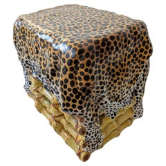Vintage glazed terracotta side table/stool in bamboo and leopard hide design