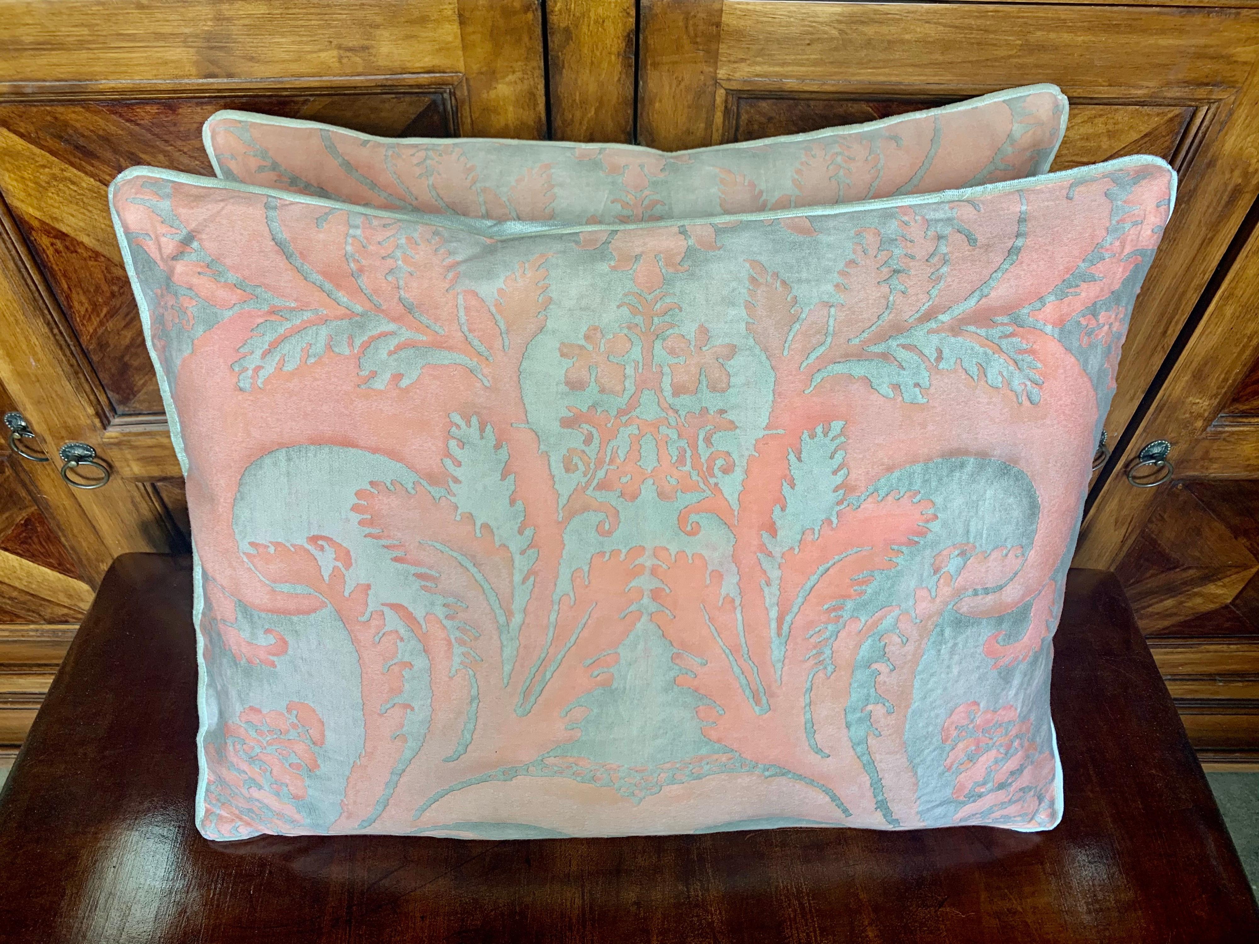 Pair of custom pillows made with soft apricot colored & gray cotton fronts combined with creamy velvet backs. Down filled inserts, sewn closed, self cording.