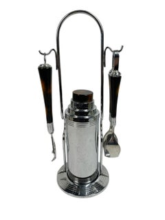 Vintage Glo-Hill Chrome and Bakelite Cocktail Shaker Caddy Set w/Tong & Opener