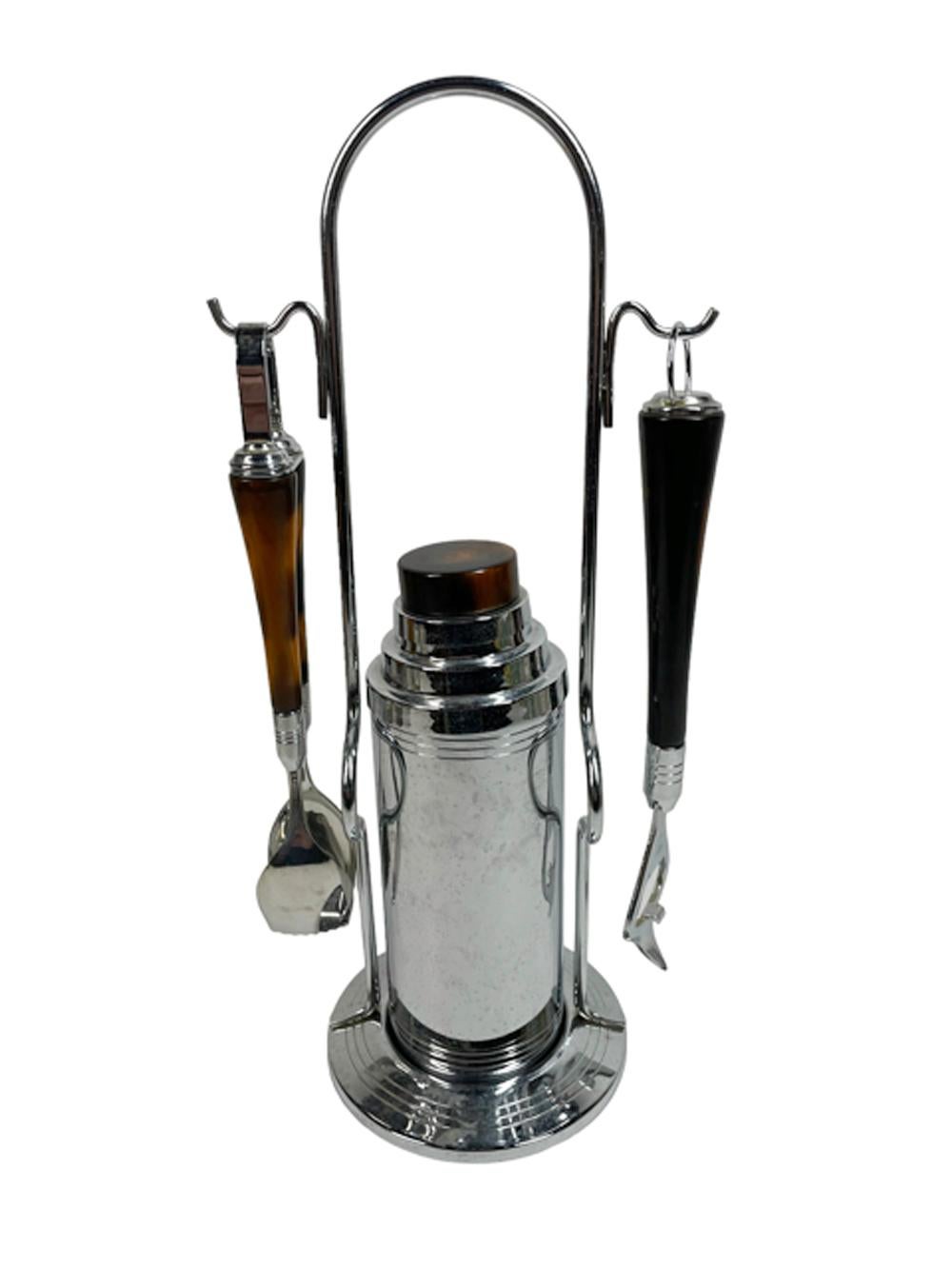 Art Deco Vintage Glo-Hill Chrome and Bakelite Cocktail Shaker Caddy Set w/Tong & Opener For Sale