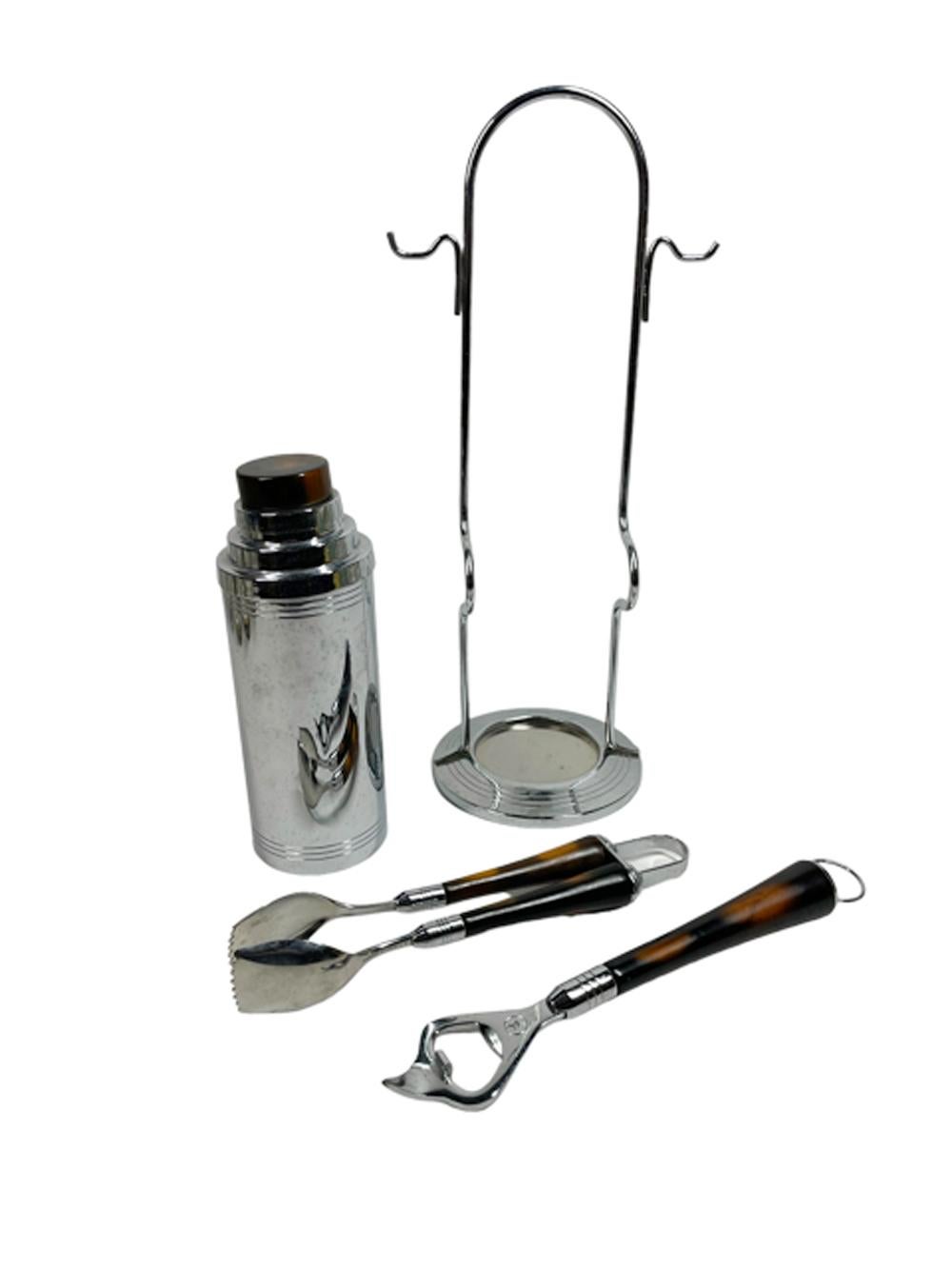 Canadian Vintage Glo-Hill Chrome and Bakelite Cocktail Shaker Caddy Set w/Tong & Opener For Sale