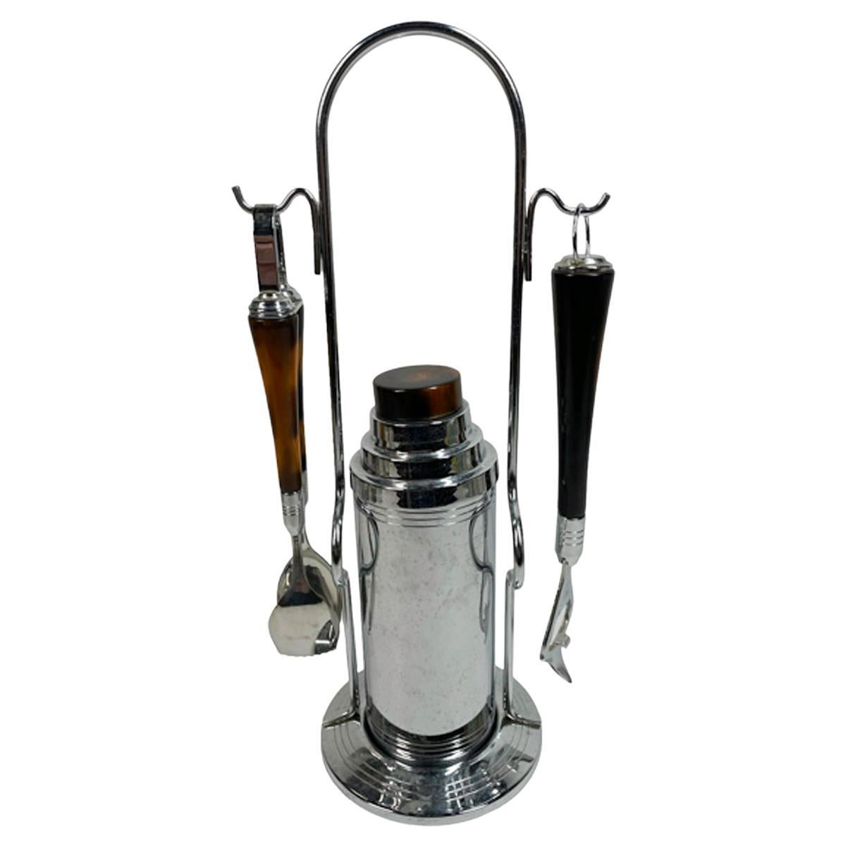 Vintage Glo-Hill Chrome and Bakelite Cocktail Shaker Caddy Set w/Tong & Opener For Sale