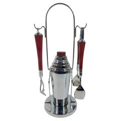Vintage Glo-Hill Chrome and Bakelite Cocktail Shaker Caddy Set w/Tong & Opener
