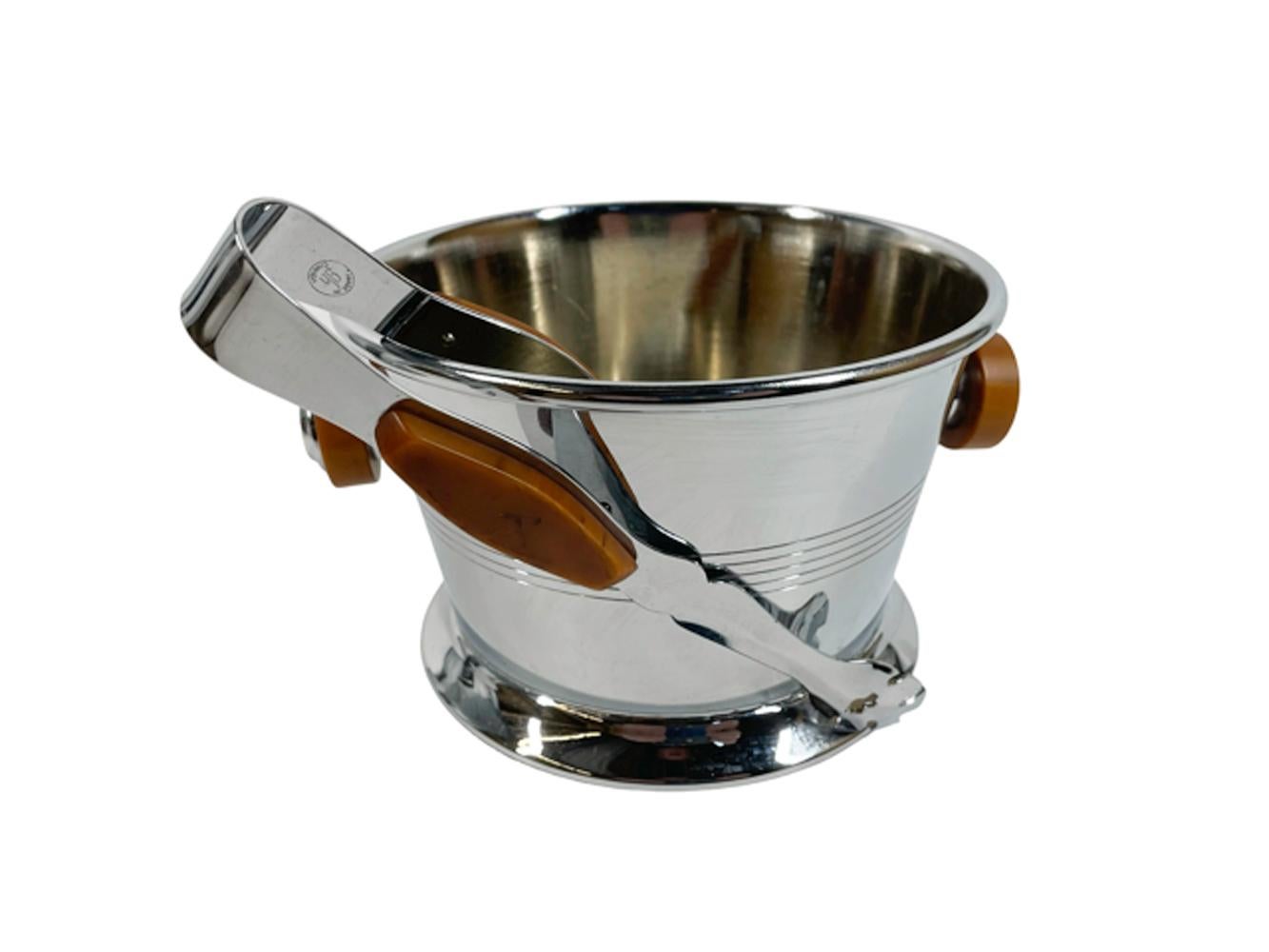 Canadian Vintage Glo-Hill Chrome and Butterscotch Bakelite Lidded Ice Bucket with Tongs For Sale