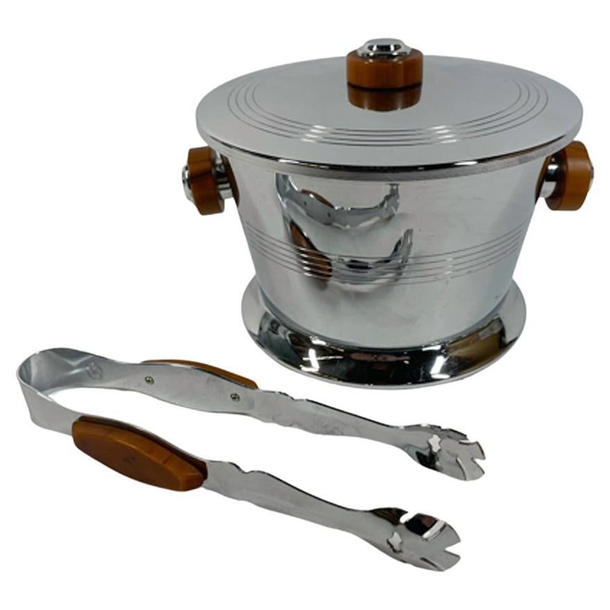 Vintage Glo-Hill Chrome and Butterscotch Bakelite Lidded Ice Bucket with Tongs For Sale