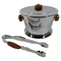 Retro Glo-Hill Chrome and Butterscotch Bakelite Lidded Ice Bucket with Tongs