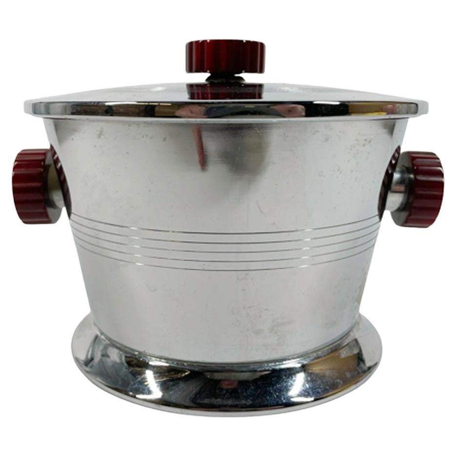 Vintage Glo-Hill Chrome and Red Faux Tortoiseshell Bakelite Lidded Ice Bucket  For Sale