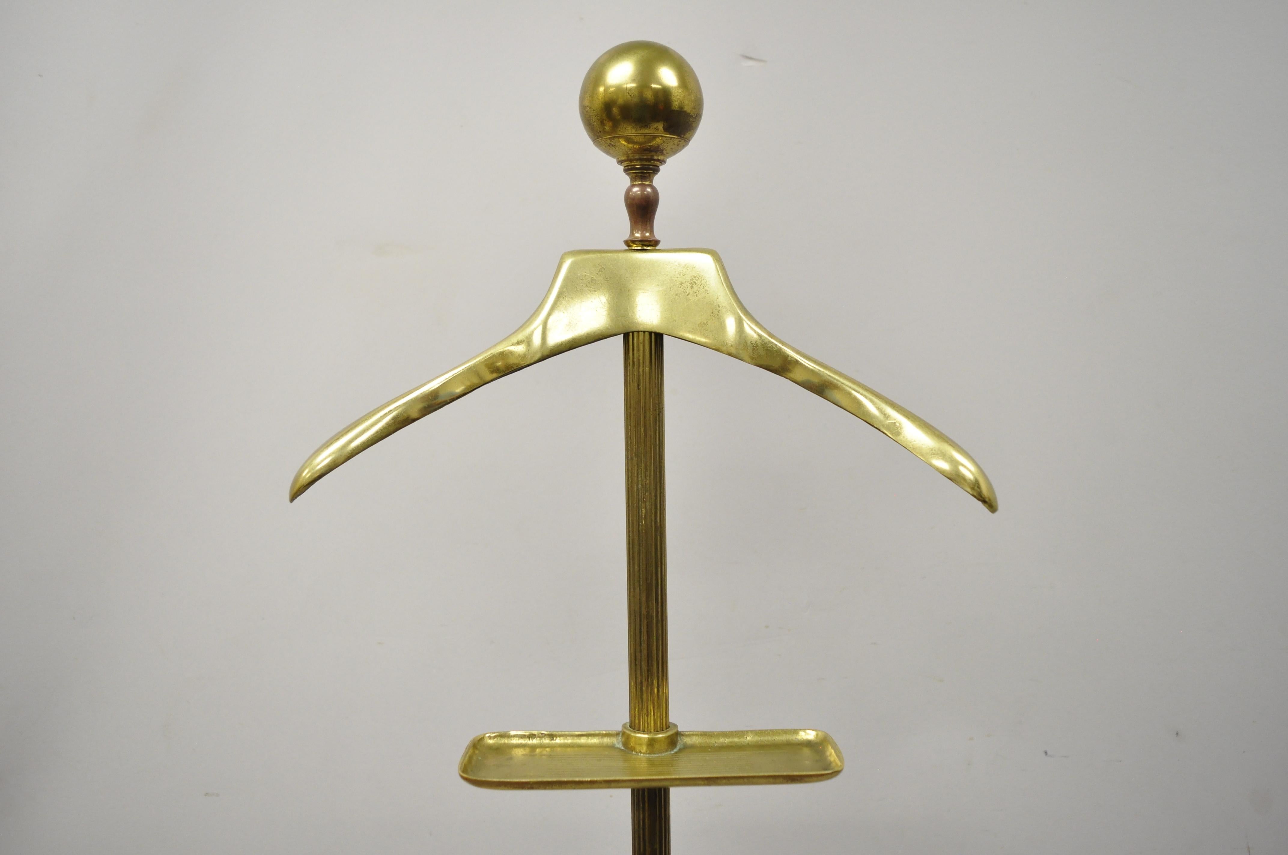 Vintage Glo-Mar brass cannonball Art Deco Gentlemans suit clothing valet stand. Item features adjustable dish and adjustable pants hanger, attractive patina to brass, cannonball finial, original label, quality American craftsmanship, great style and