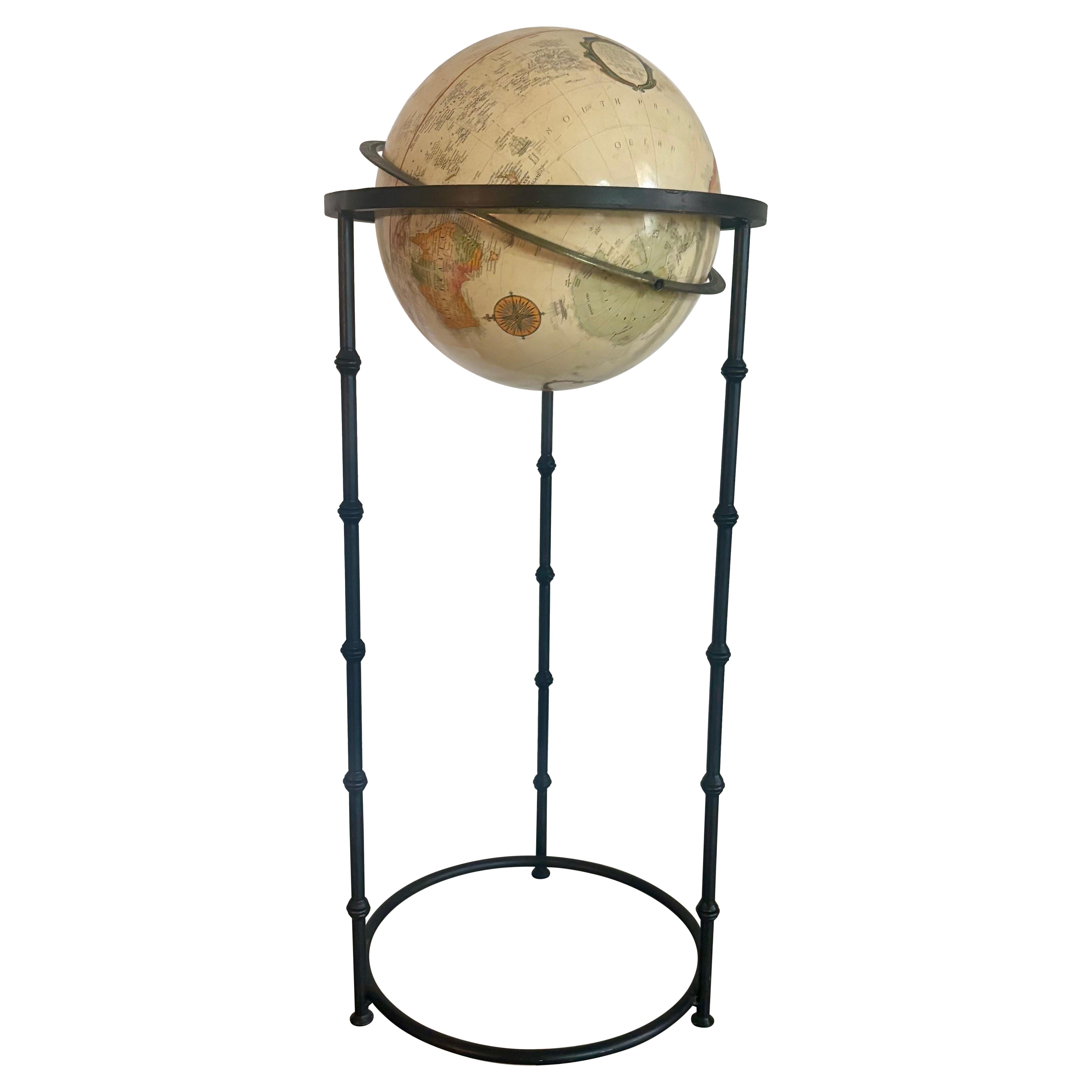 Vintage Globe with Wrought Iron Stand For Sale