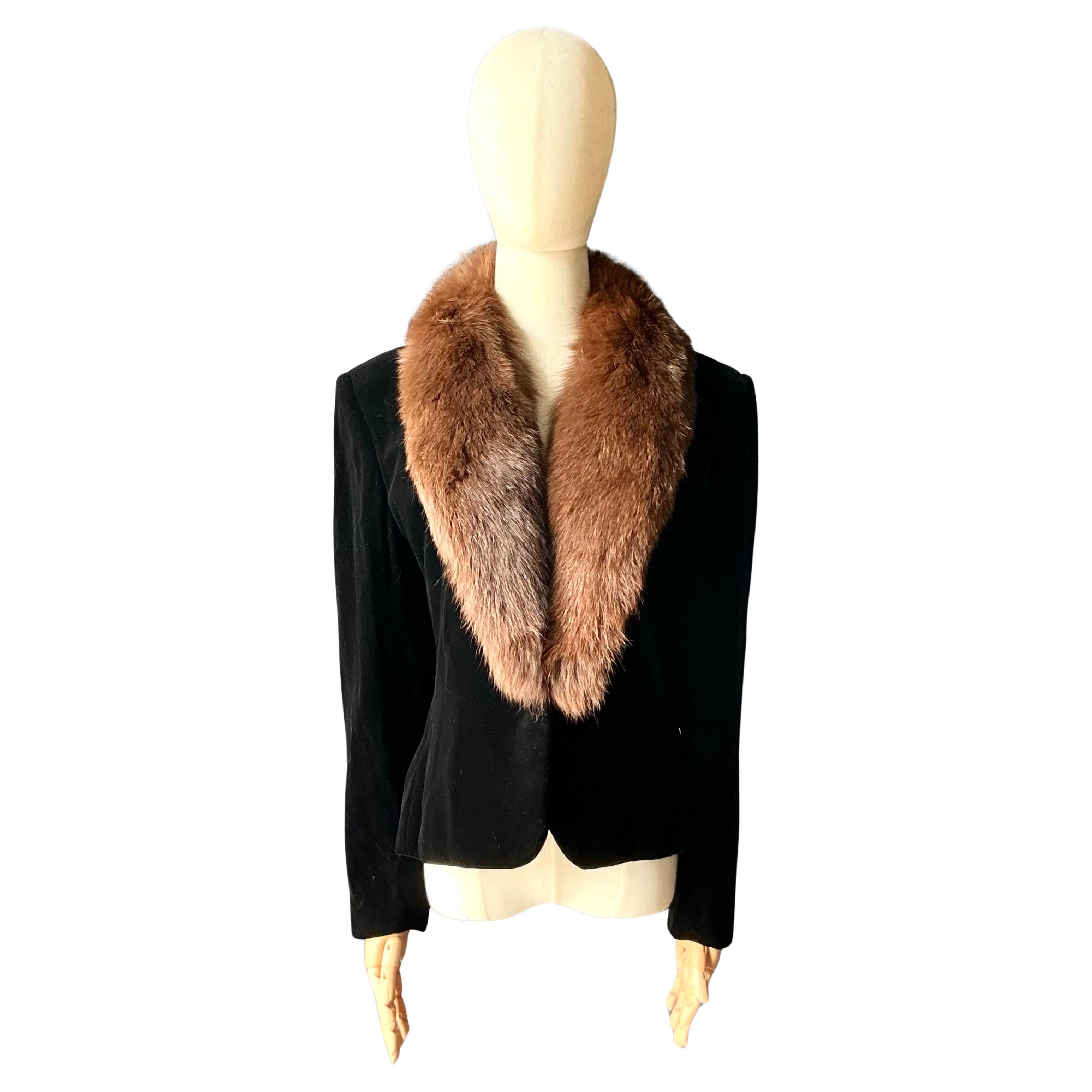 Giacca vintage Gloria Sachs nera con colletto in pelliccia