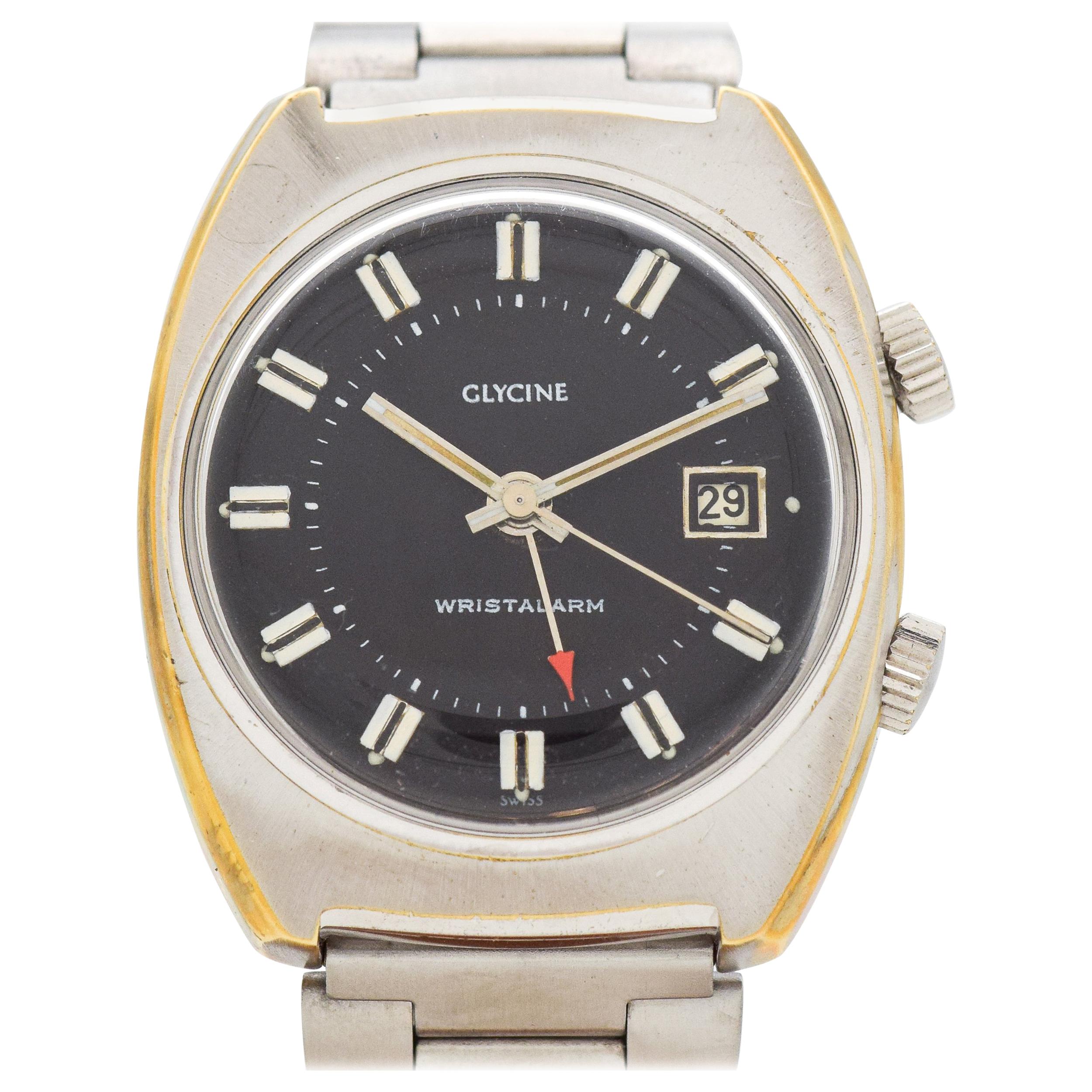 Vintage Glycine Wrist Alarm Reference 396/34 Chrome and Steel Watch, 1970s
