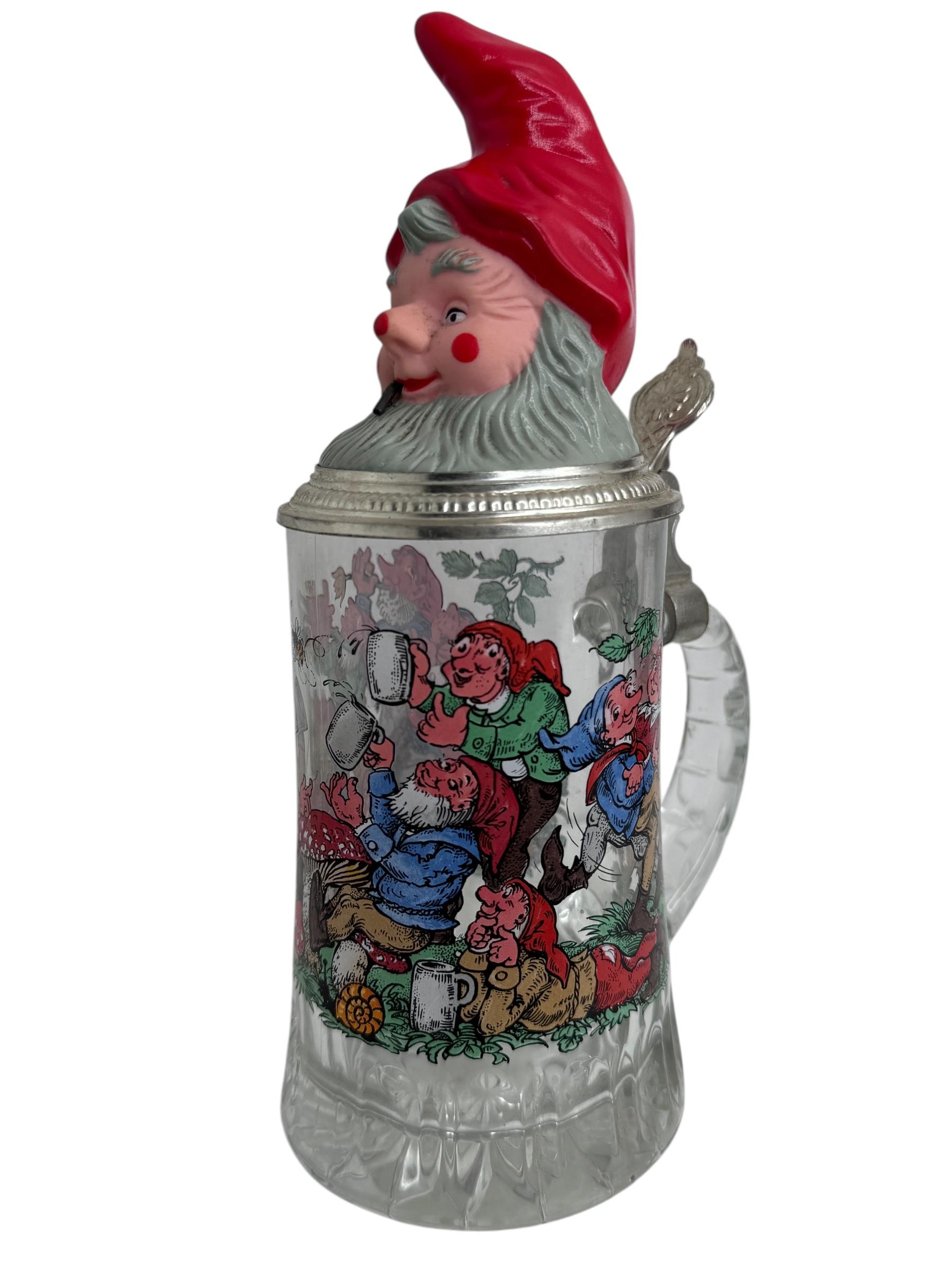 Vintage Gnome Head Lidded Glass Character Beer Stein Germany, 1970s en vente 11
