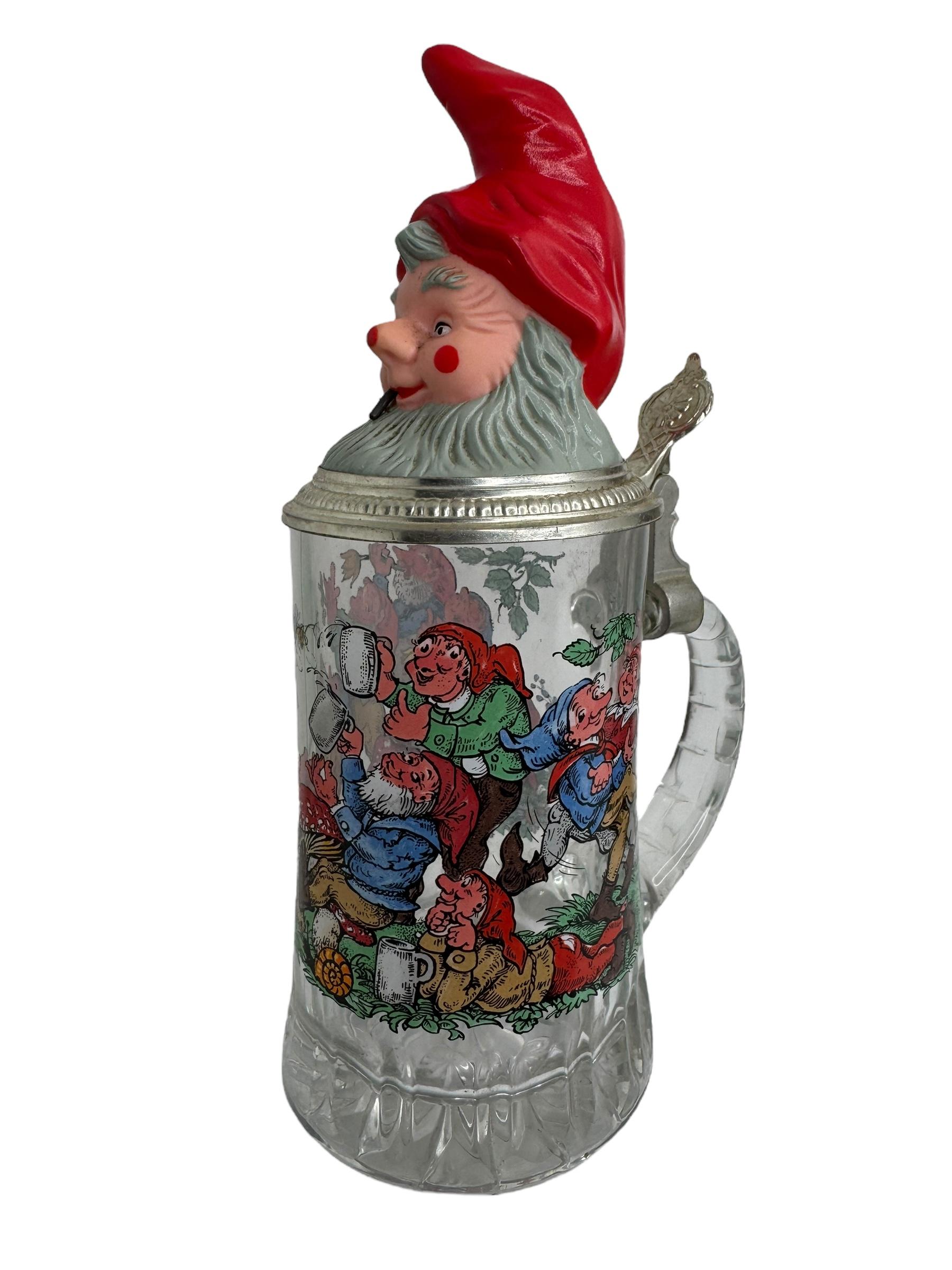 Allemand Vintage Gnome Head Lidded Glass Character Beer Stein Germany, 1970s en vente