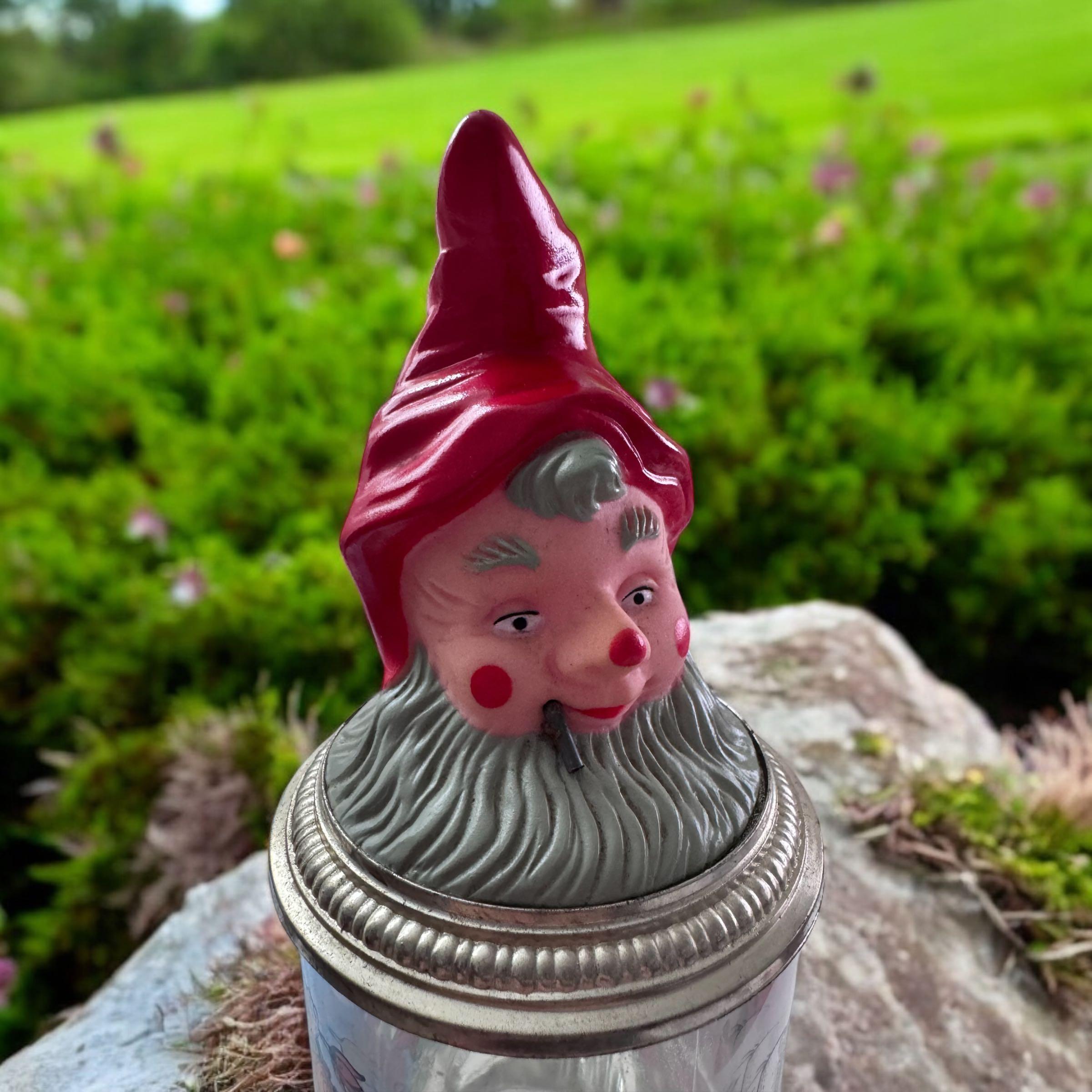 Art nouveau Vintage Gnome Head Lidded Glass Character Beer Stein Germany, 1970s en vente