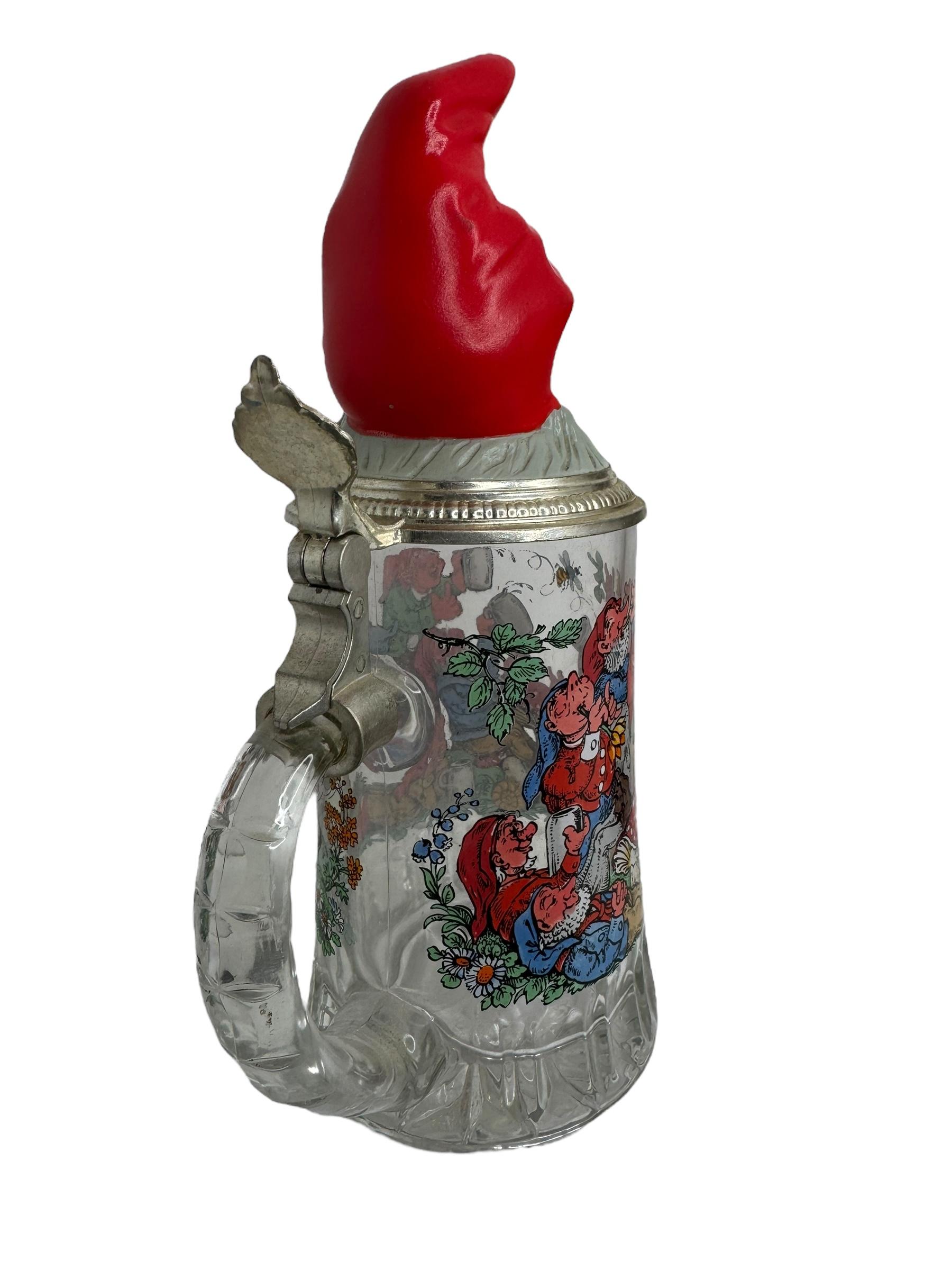 Fin du 20e siècle Vintage Gnome Head Lidded Glass Character Beer Stein Germany, 1970s en vente