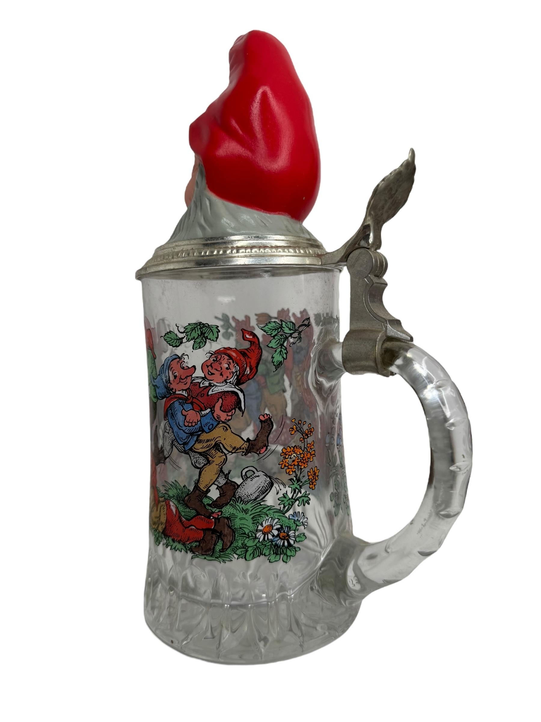 Étain Vintage Gnome Head Lidded Glass Character Beer Stein Germany, 1970s en vente