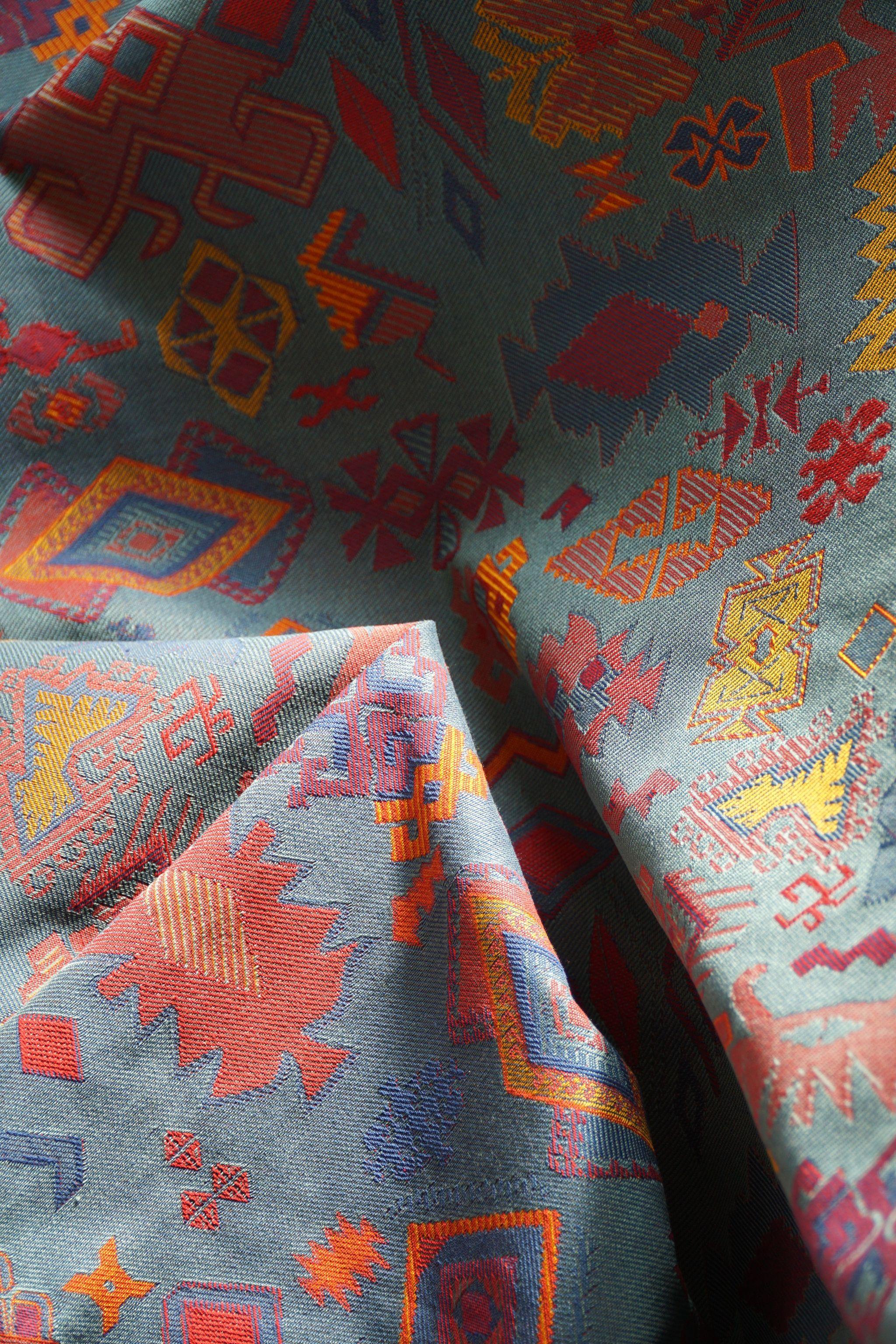 Art Deco Vintage Gobelin Upholstery Fabric in Various Blue & Red Colors, Late 20th C For Sale