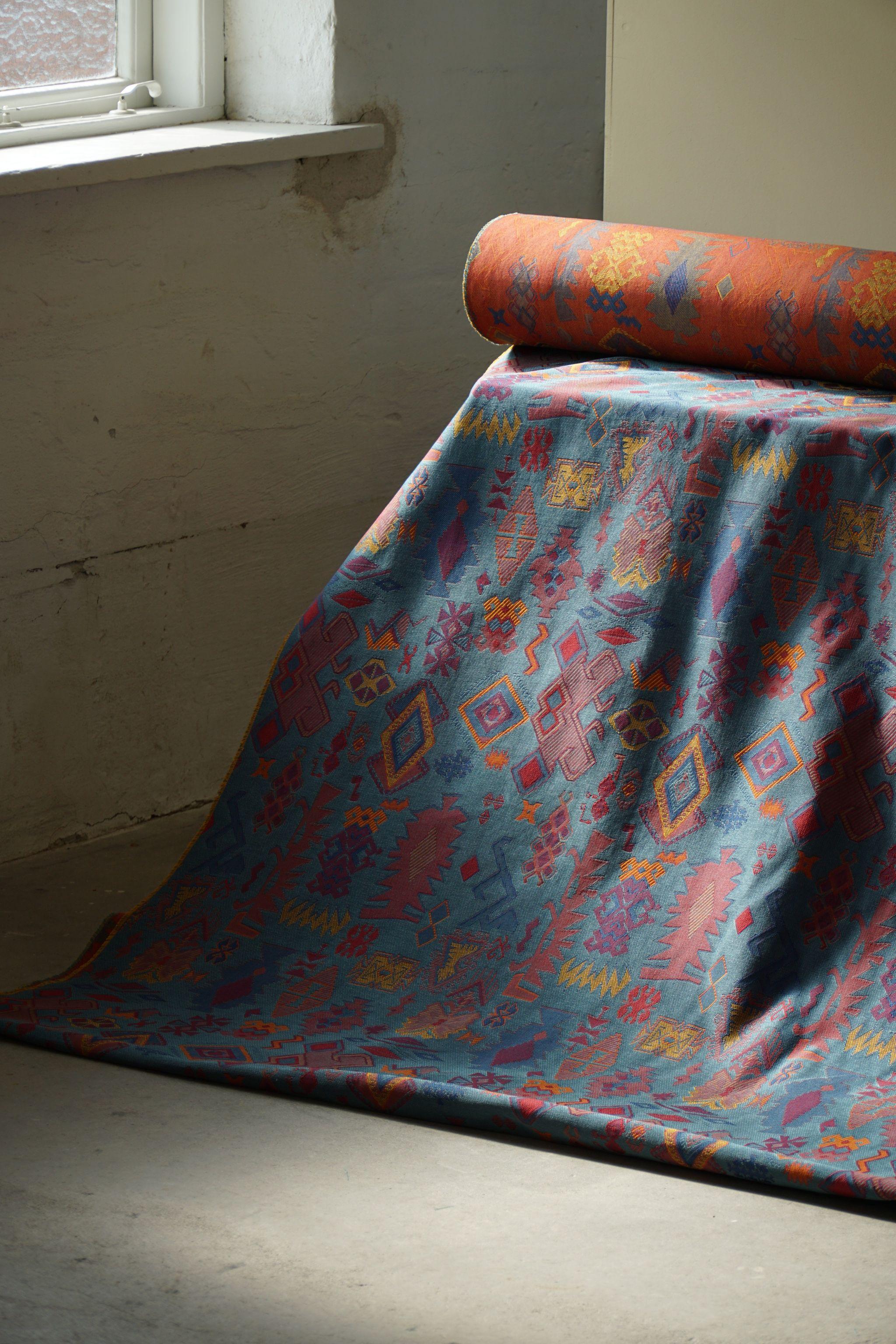 20th Century Vintage Gobelin Upholstery Fabric in Various Blue & Red Colors, Late 20th C For Sale