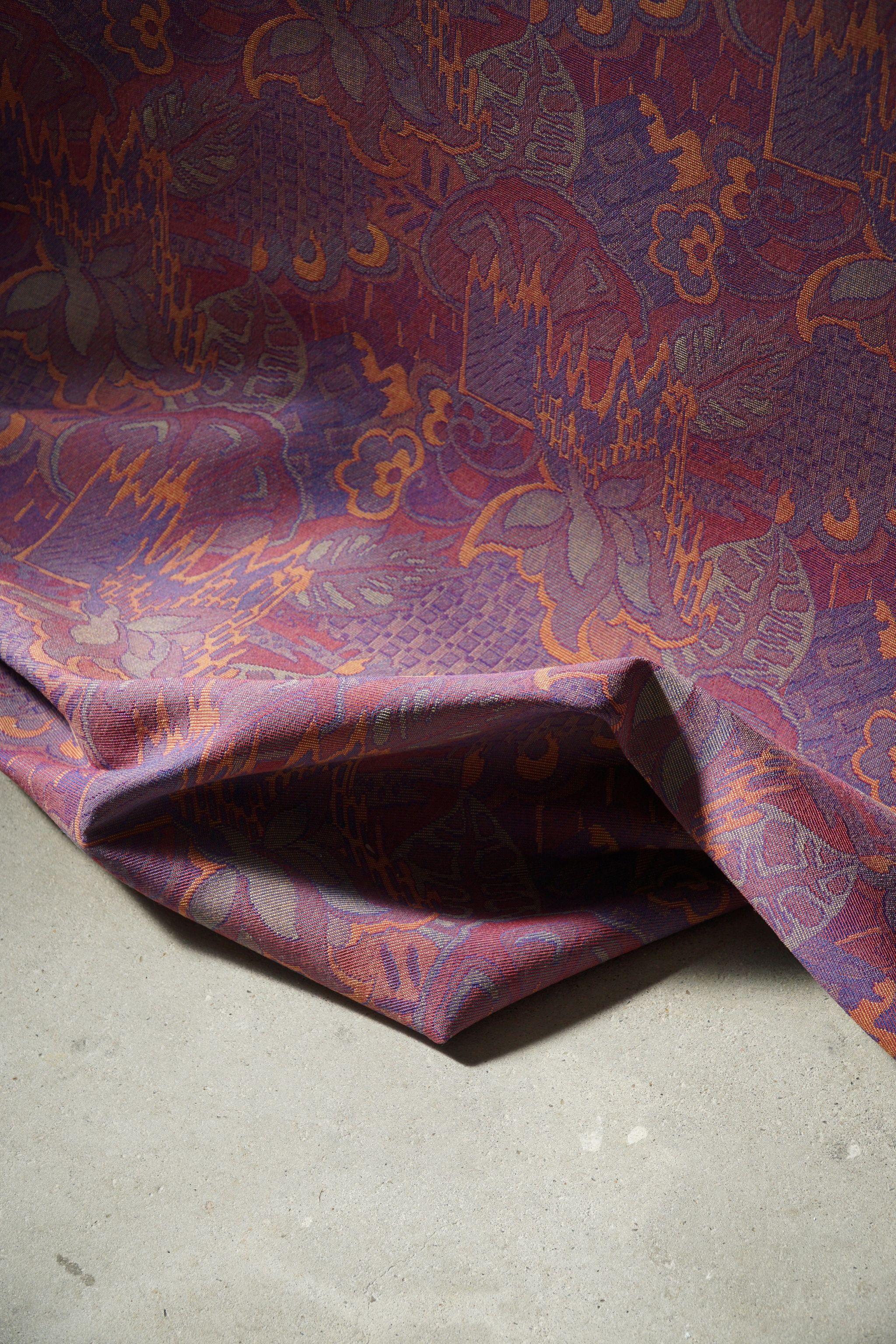 Cotton Vintage Gobelin Upholstery Fabric in Various Purple & Orange Colors, Late 20th C For Sale