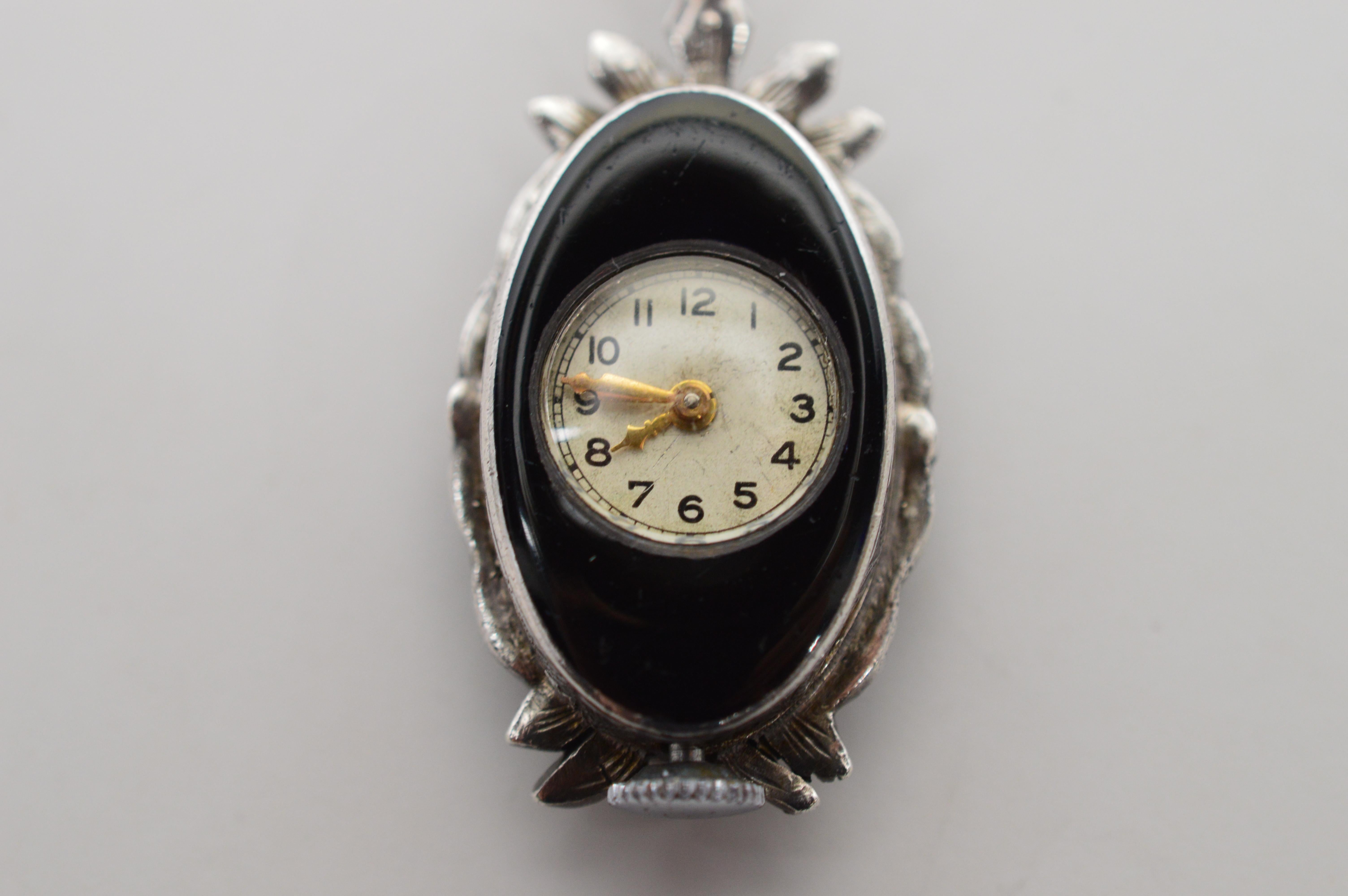 Vintage Goering Silver Onyx Marcasite Watch Brooch For Sale 2