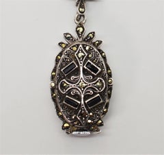 Vintage Goering Silver Onyx Marcasite Watch Brooch