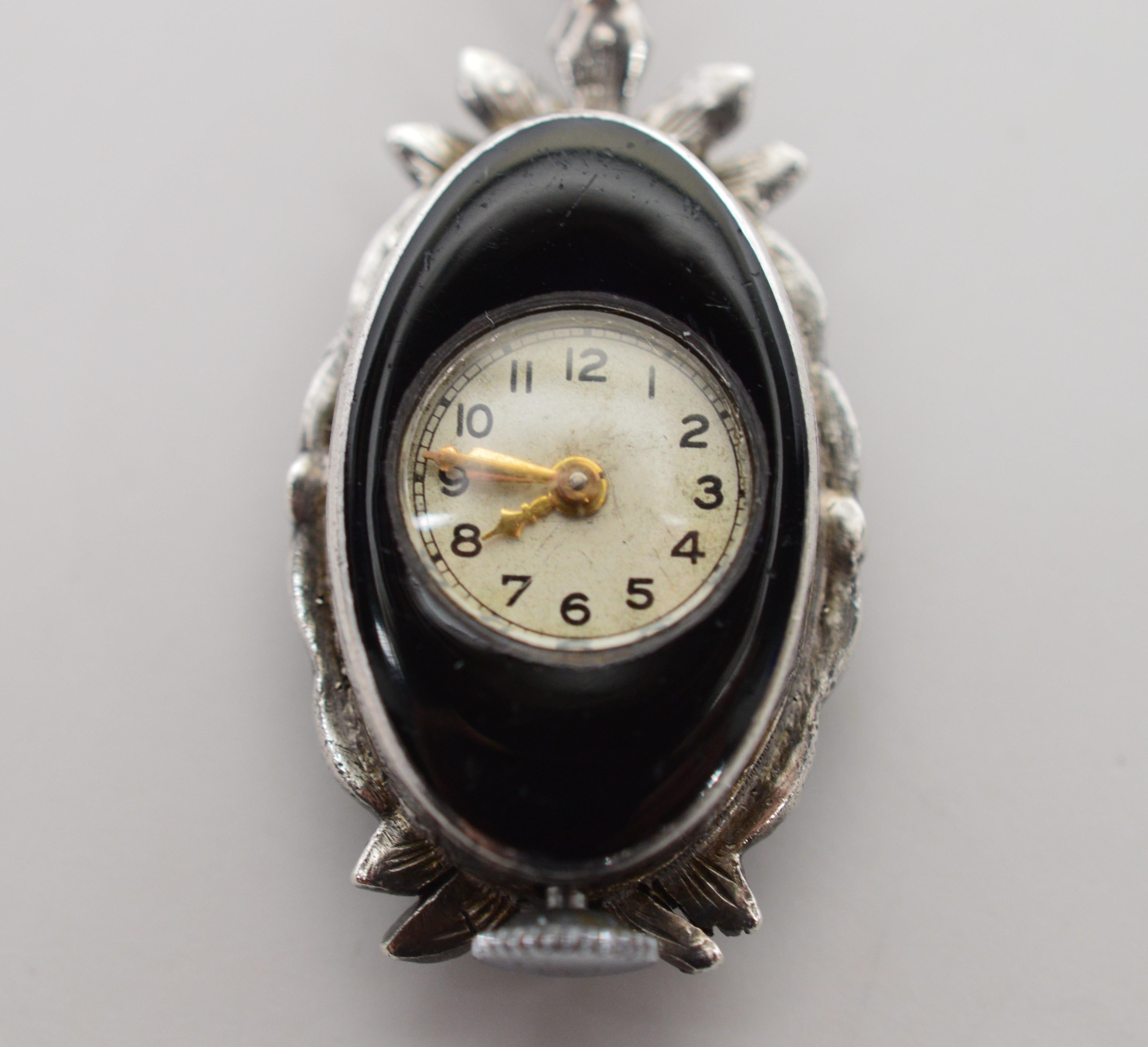 Victorian Vintage Goering Silver Onyx Marcasite Watch Brooch For Sale