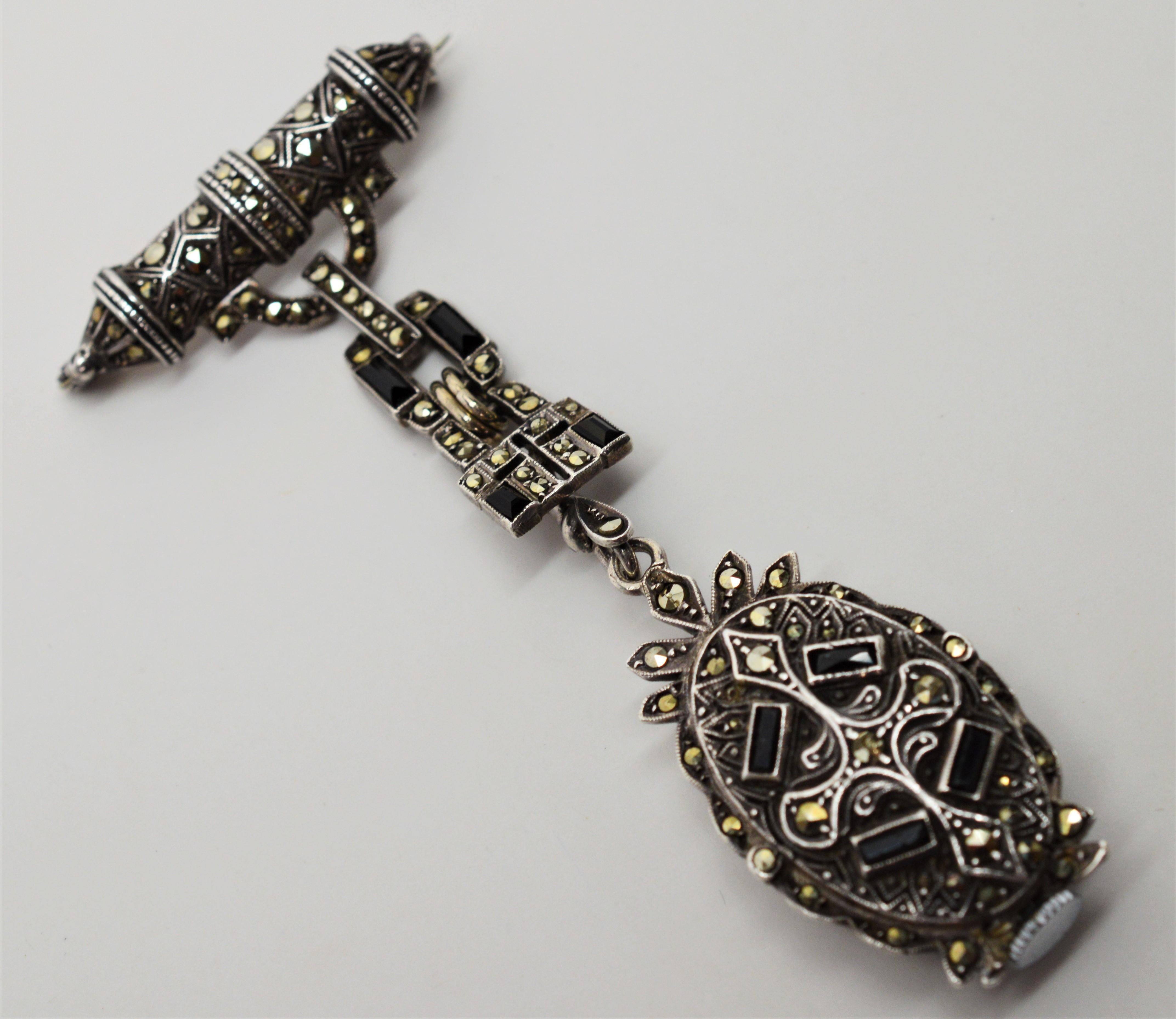 Vintage Goering Silver Onyx Marcasite Watch Brooch In Good Condition For Sale In Mount Kisco, NY