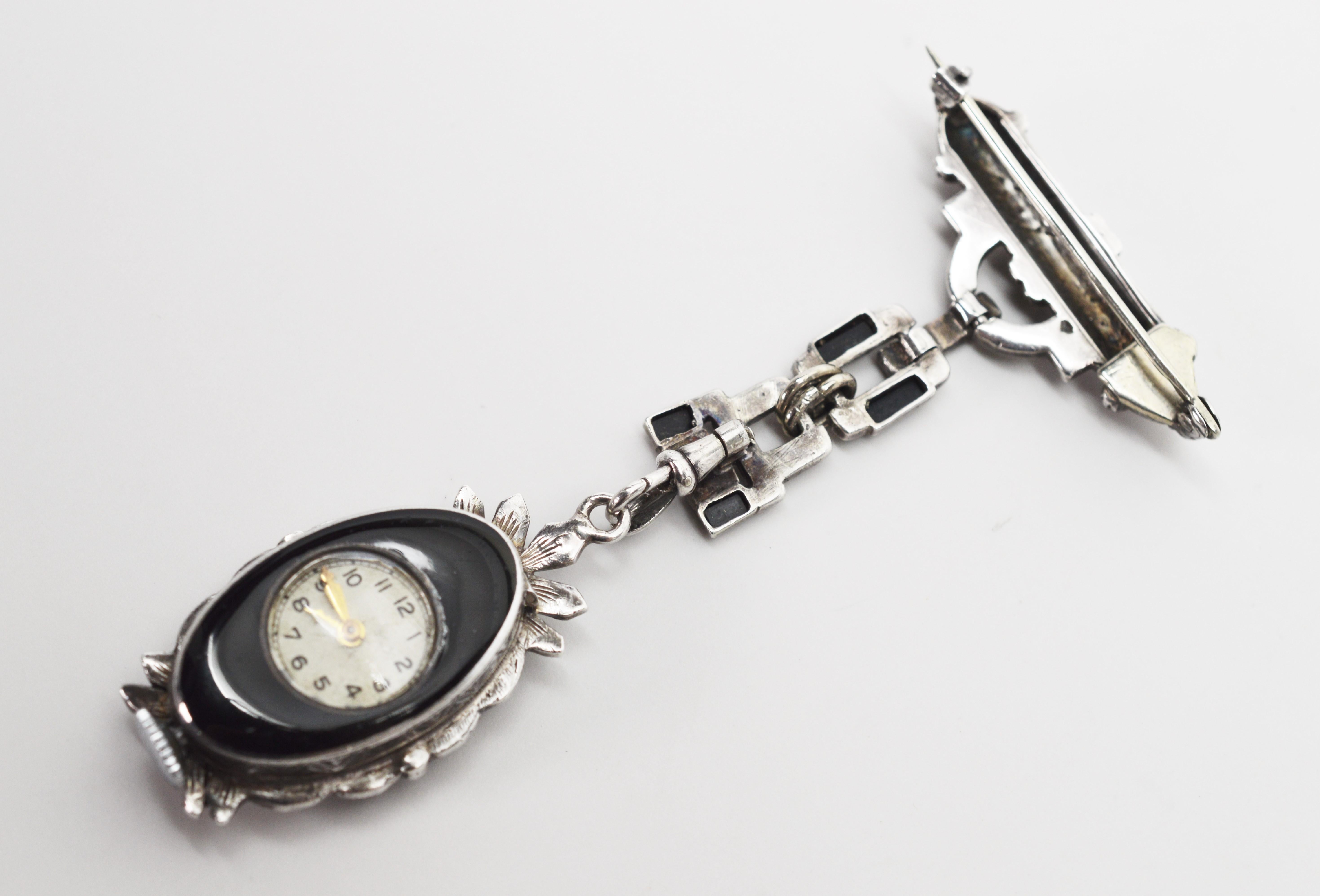 Vintage Goering Silver Onyx Marcasite Watch Brooch For Sale 1