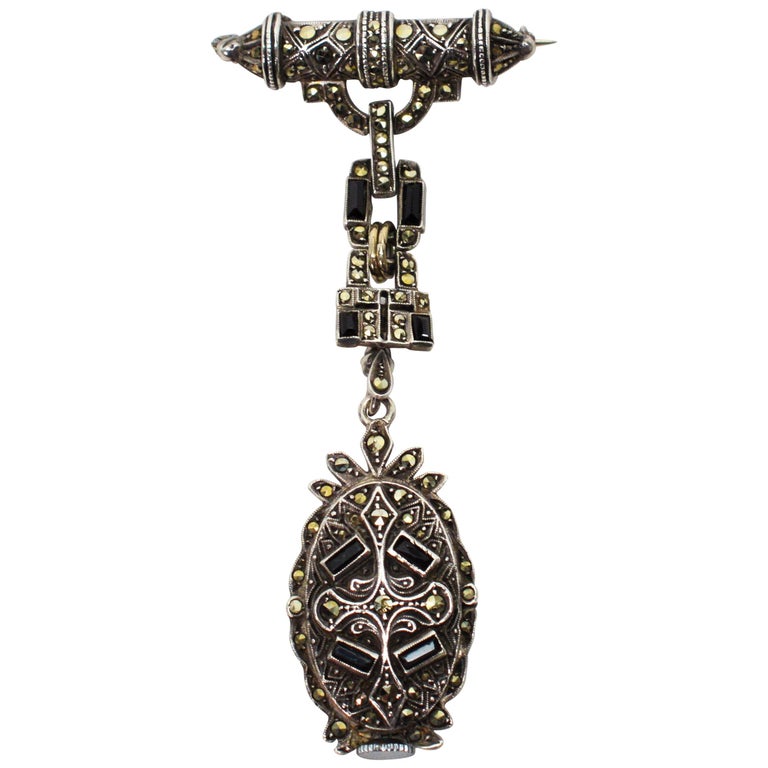 Vintage Goering Silver Onyx Marcasite Watch Brooch For Sale At 1stdibs