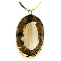 Colgante abstracto de cuarzo ahumado grande de oro vintage de 109,8 ct Collar de cadena plana de 18