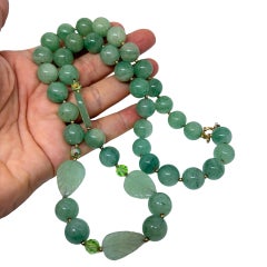 Vintage gold 12k gf natural green jade beads leafs crystal spacers necklace