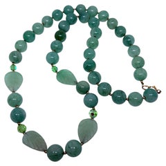 Vintage gold 12k gf natural green jade beads leafs crystal spacers necklace