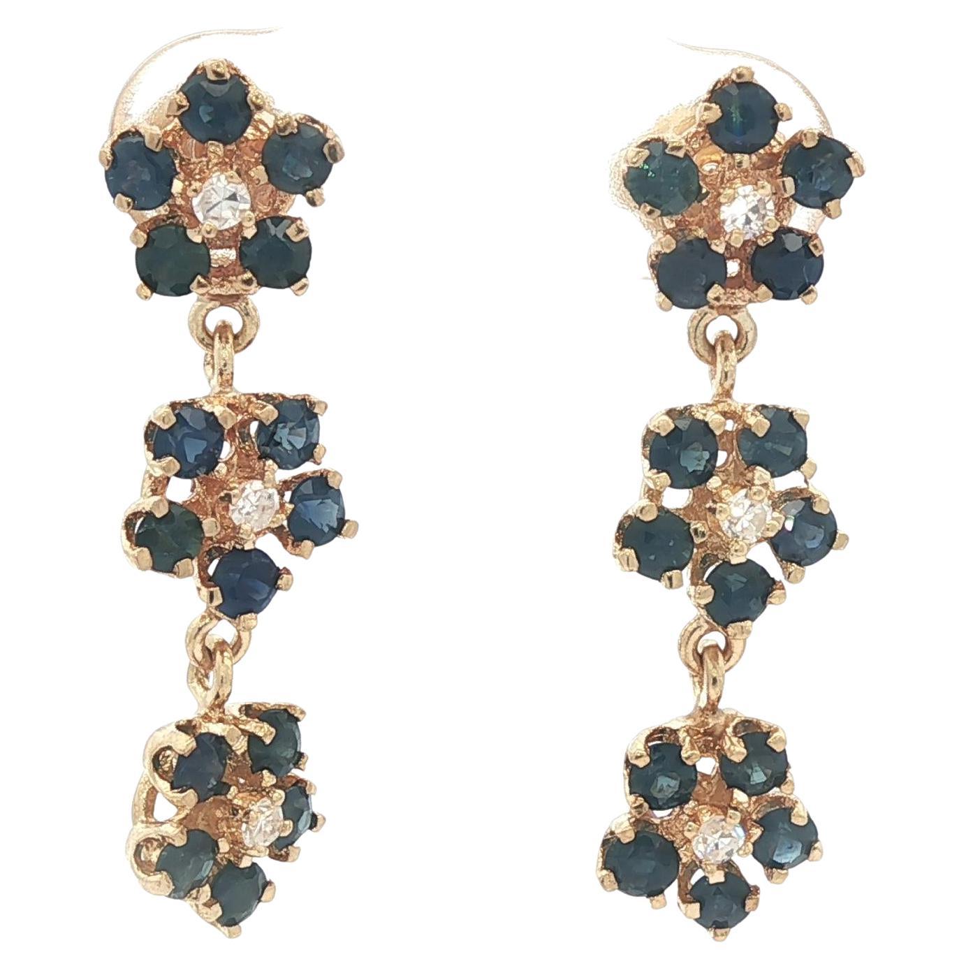 Vintage Gold 2.25ctw Sapphire
Diamond Flower Cluster Journey Dangle Earrings