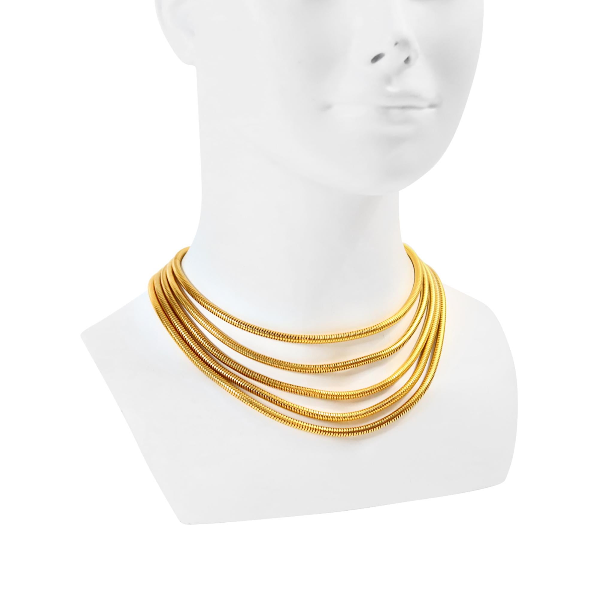 Vintage Gold 5 Strand Graduated Snake Chain Circa 1990s. A very classic snake chain necklace that can be dressed up or down.  This is a piece that will always elevate your wardrobe. It may look like nothing until you try it on and see the style it