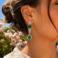 Vintage Gold 8.6ctw Emerald Diamond Long Teardrop Dangle Drop X Earrings