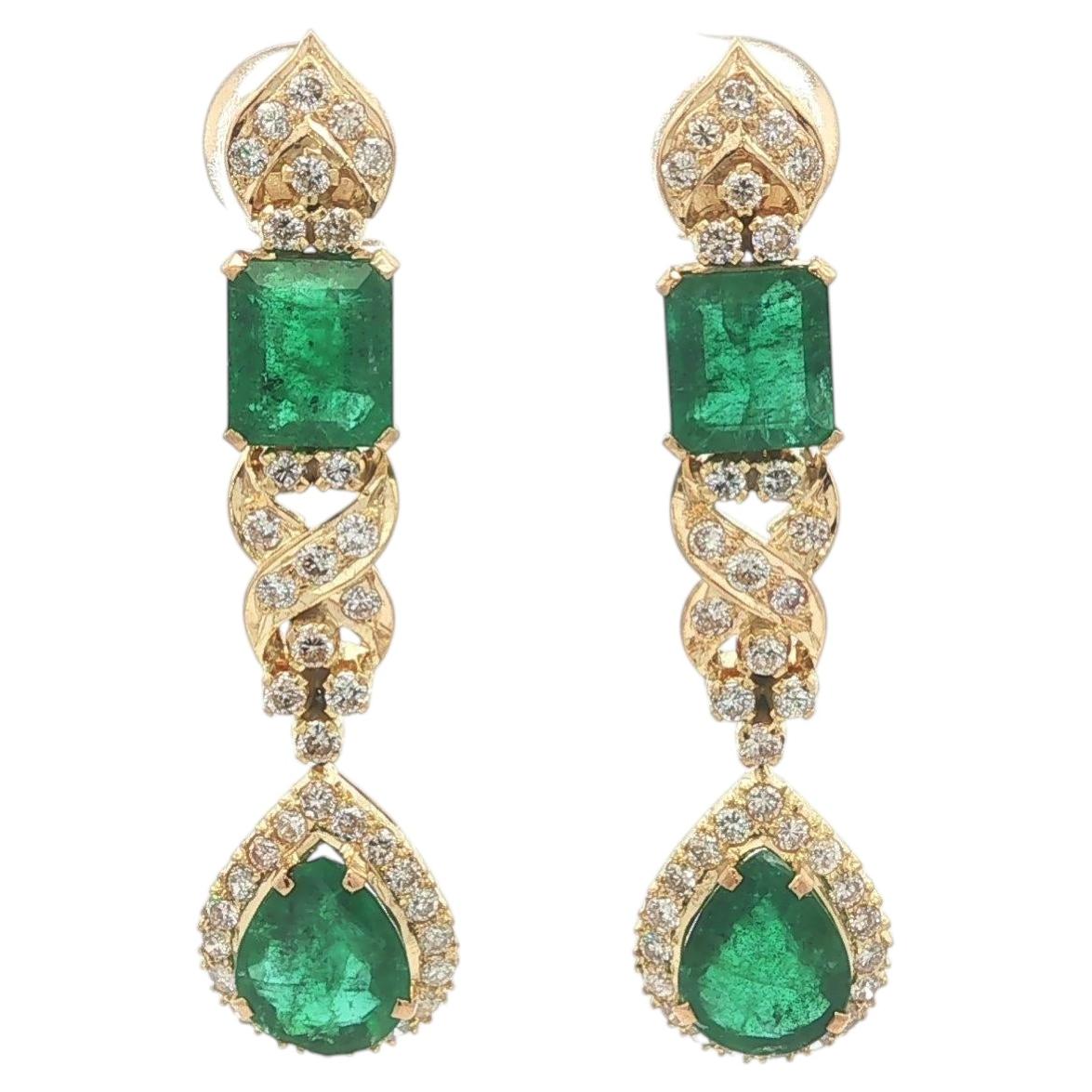 Vintage Gold 8.6ctw Emerald Diamond Long Teardrop Dangle Drop X Earrings