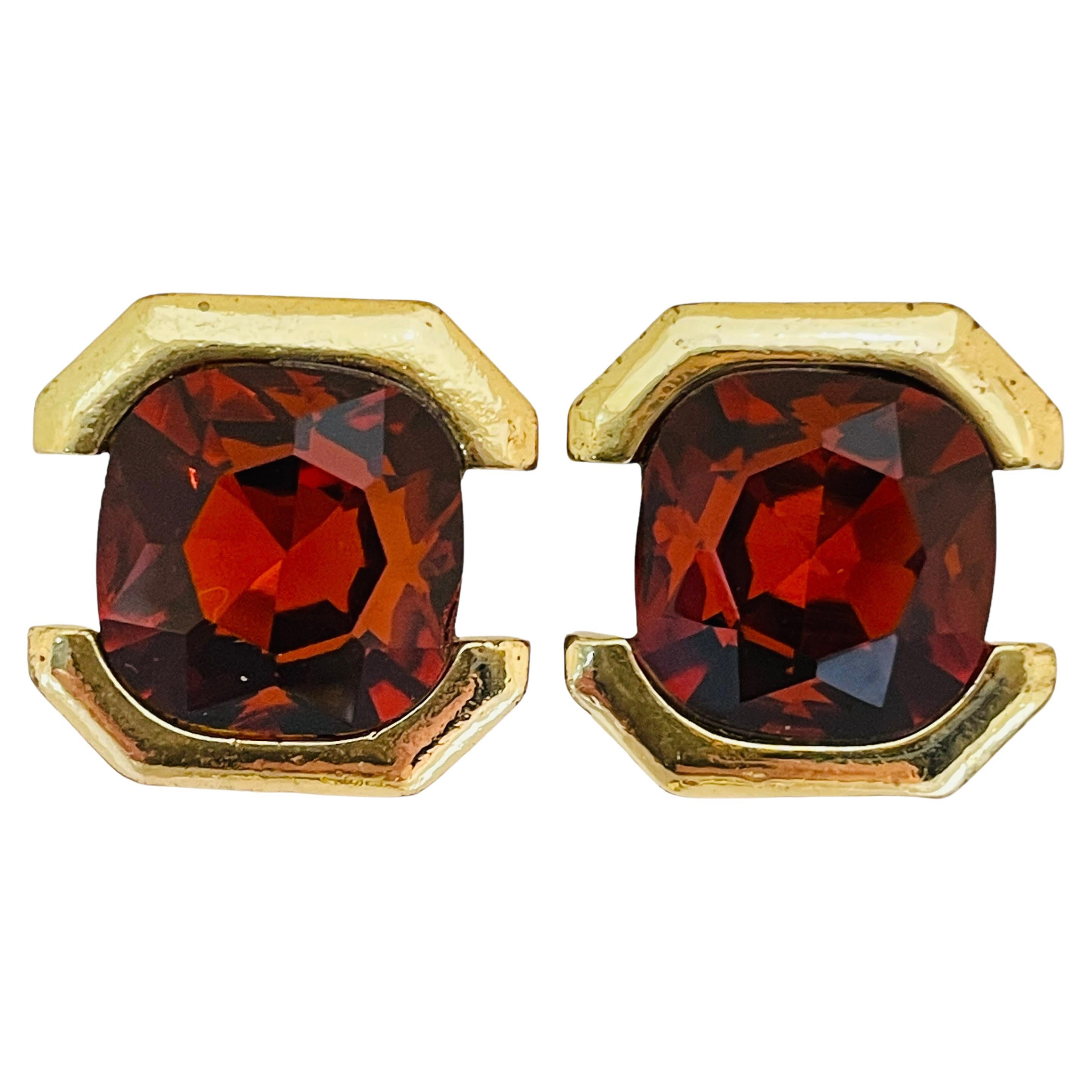 Vintage gold amber glass designer runway post earrings For Sale