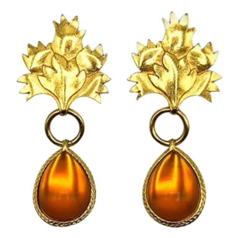 Vintage Gold & Amber Leaf Statement Earrings 1980s For Sale