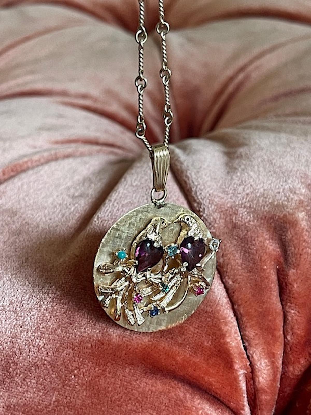 Vintage Gold Amethyst and Semi-Precious Stone Large Lovebirds Disc Charm 5