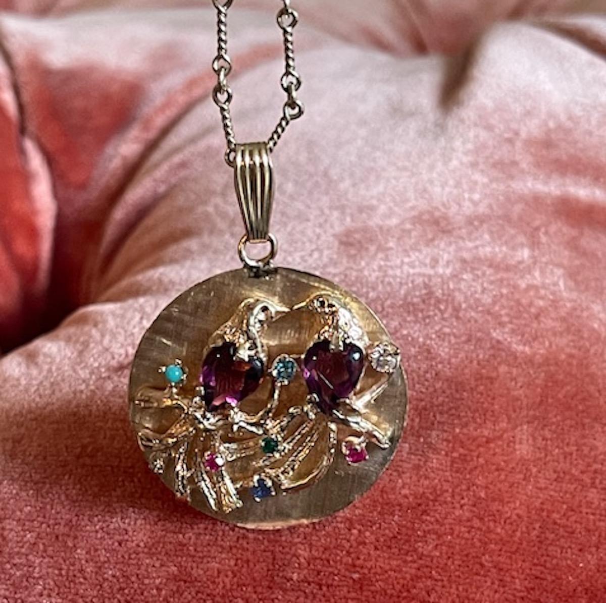 Vintage Gold Amethyst and Semi-Precious Stone Large Lovebirds Disc Charm 8