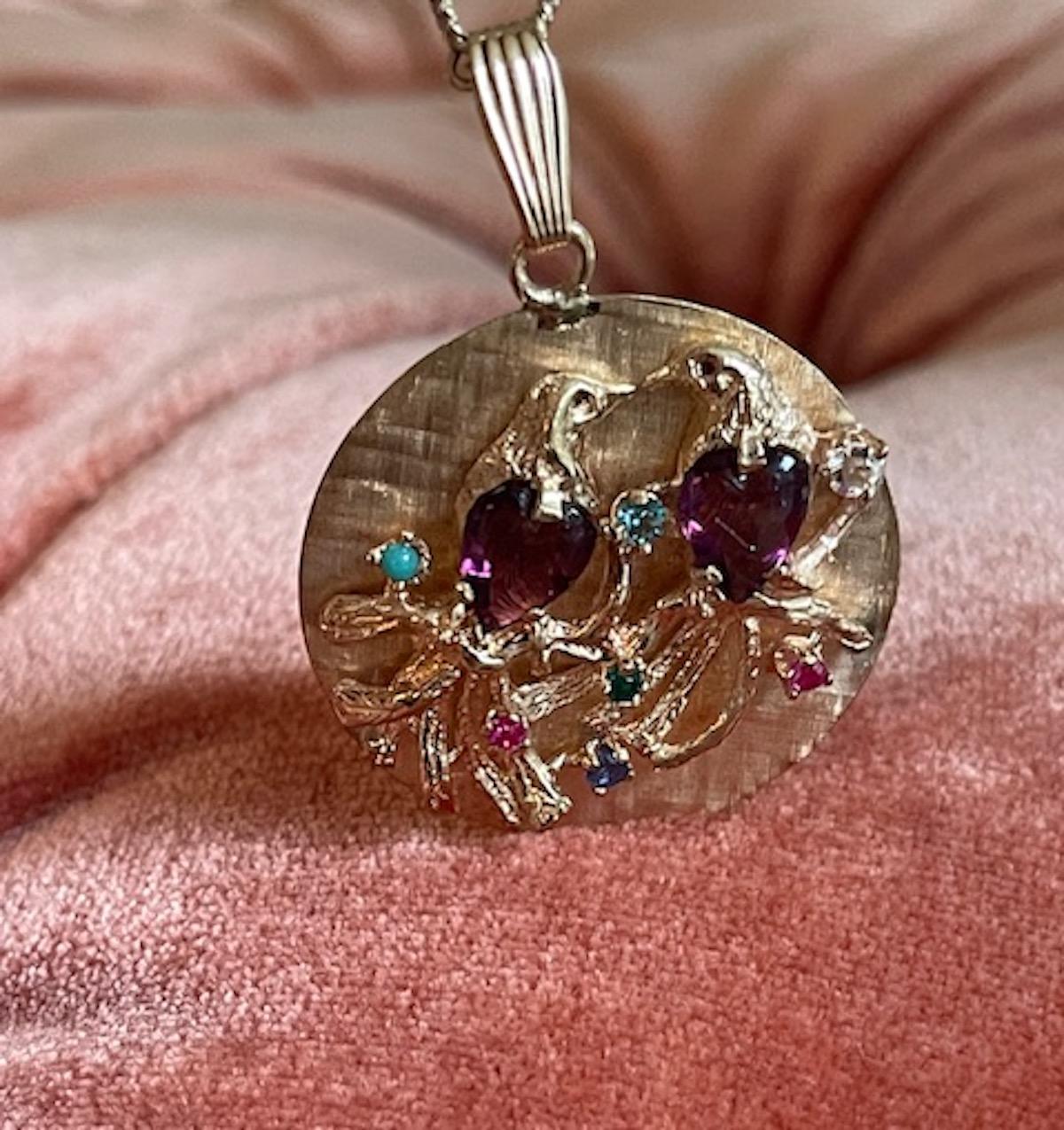 Vintage Gold Amethyst and Semi-Precious Stone Large Lovebirds Disc Charm 9