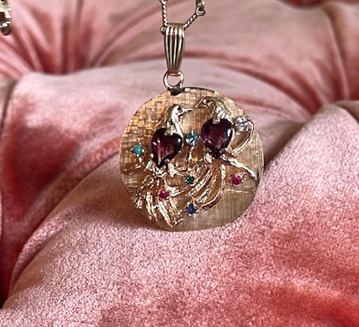 Vintage Gold Amethyst and Semi-Precious Stone Large Lovebirds Disc Charm 14