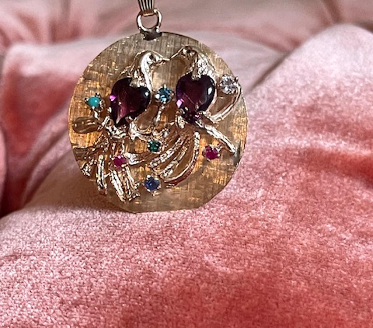 Vintage Gold Amethyst and Semi-Precious Stone Large Lovebirds Disc Charm 15