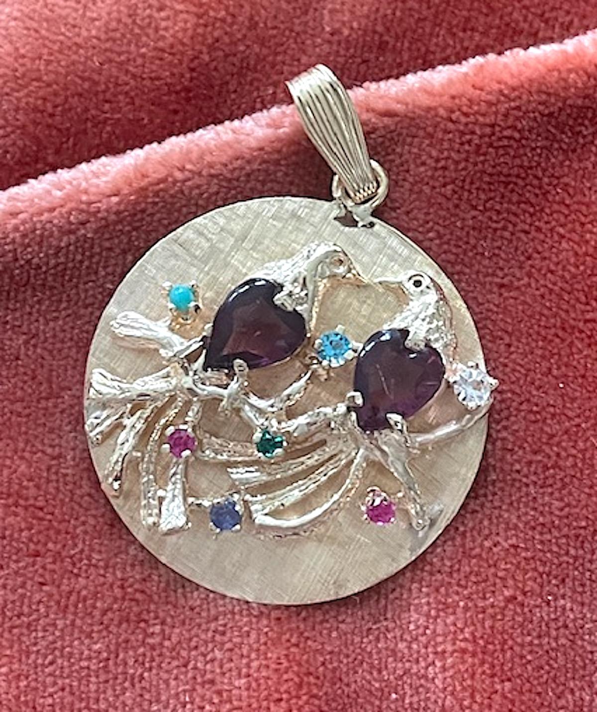 Round Cut Vintage Gold Amethyst and Semi-Precious Stone Large Lovebirds Disc Charm