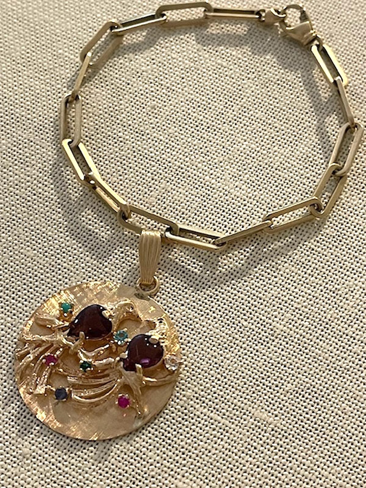 Vintage Gold Amethyst and Semi-Precious Stone Large Lovebirds Disc Charm 1