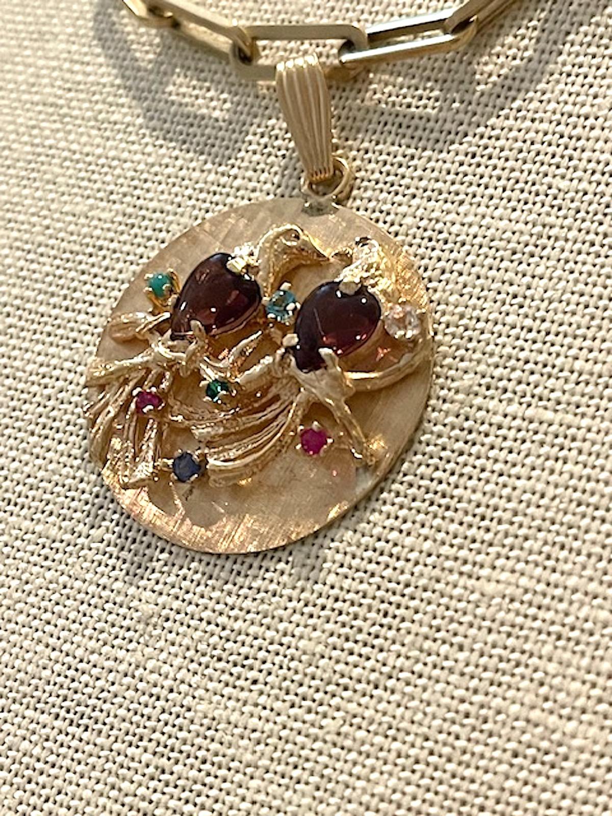 Vintage Gold Amethyst and Semi-Precious Stone Large Lovebirds Disc Charm 2