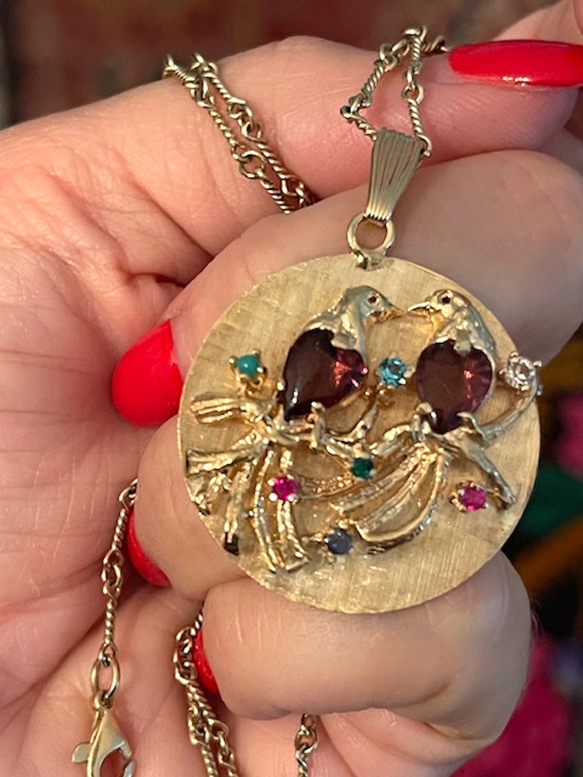 Vintage Gold Amethyst and Semi-Precious Stone Large Lovebirds Disc Charm 4