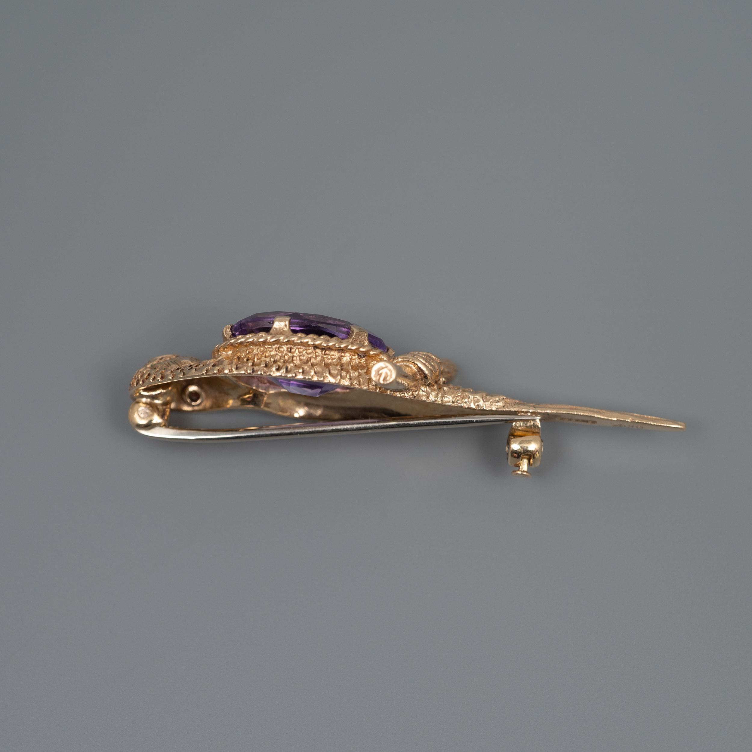 Women's or Men's Vintage Gold Amethyst Garnet Bird Brooch, Full Hallmarks, London, 1960 For Sale