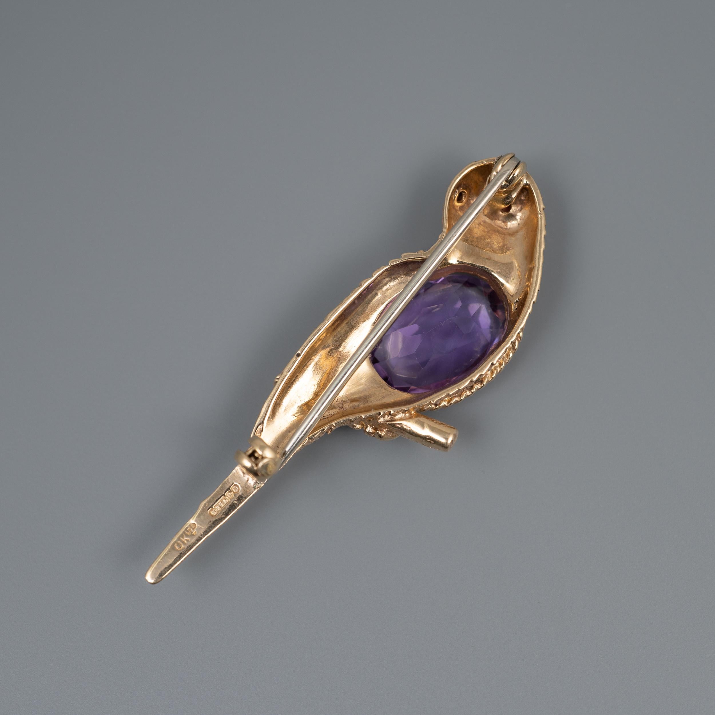 Vintage Gold Amethyst Garnet Bird Brooch, Full Hallmarks, London, 1960 For Sale 1